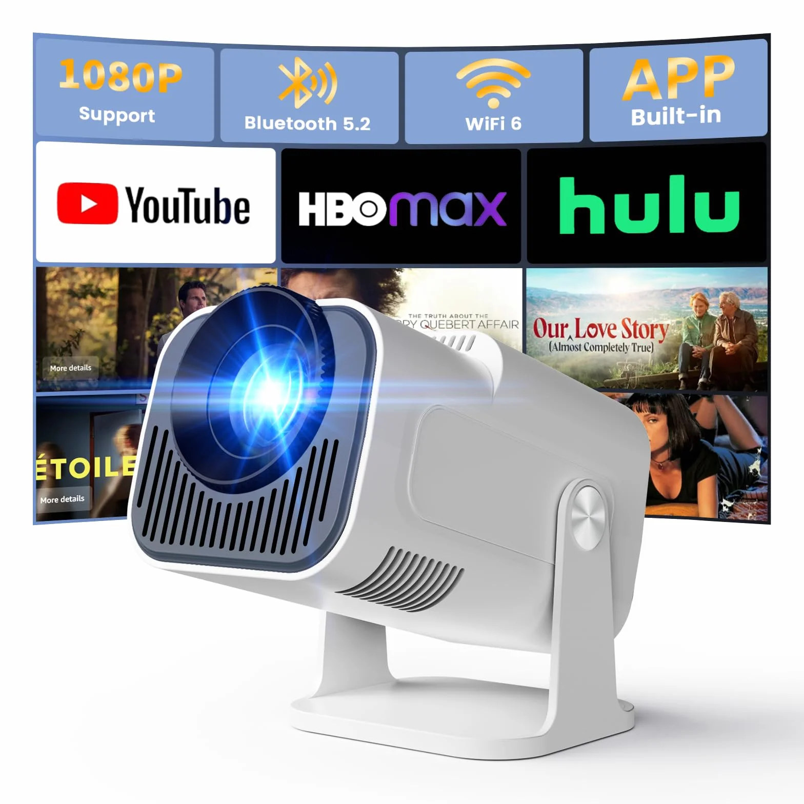 Vidéoprojecteur 4K 1080P Mini Portable WiFi 6 BT 5.4 Full HD Blanc