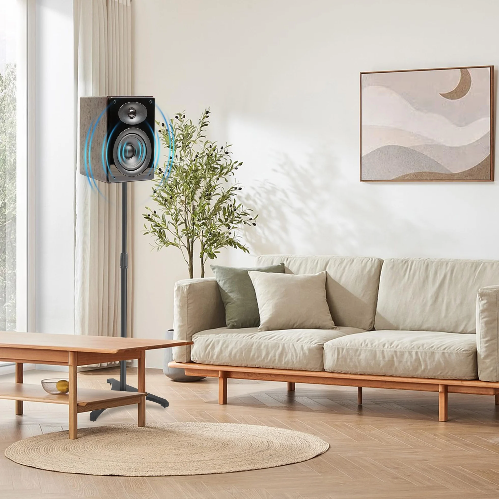 OUUTMEE Supports d'Enceinte Réglable en Hauteur, Pieds d'Enceintes Universel avec Base Triangulaire et Gestion des Câbles