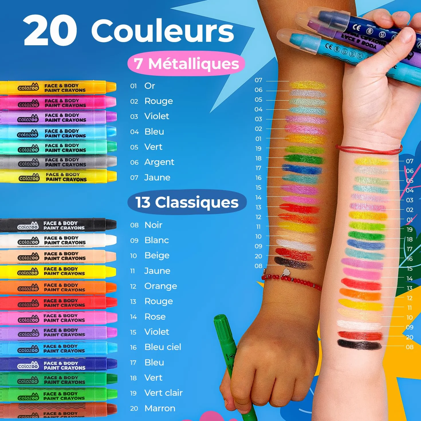 Colozoo Kit de maquillage enfants 20 couleurs crayons visage pinceaux pochoirs face paint