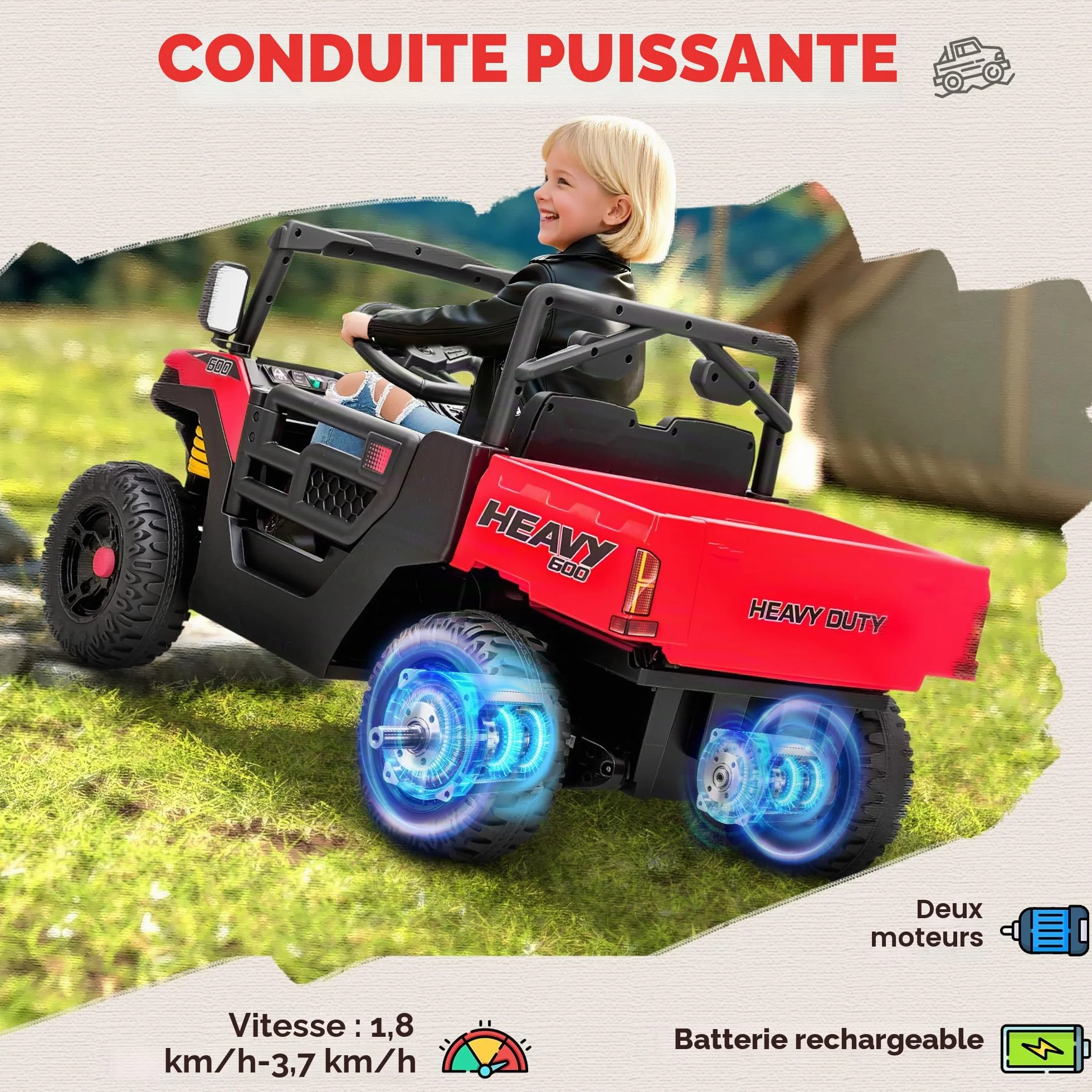 AIYAPLAY UTV 12V Voiture électrique Tout-Terrain pour Enfants avec Coffre à Bagages, 2 Moteurs, Ceinture de sécurité 3 Points, télécommande, Suspension, USB, Musique, lumières, 1,8-3,7 km/h, 3-8 Ans,