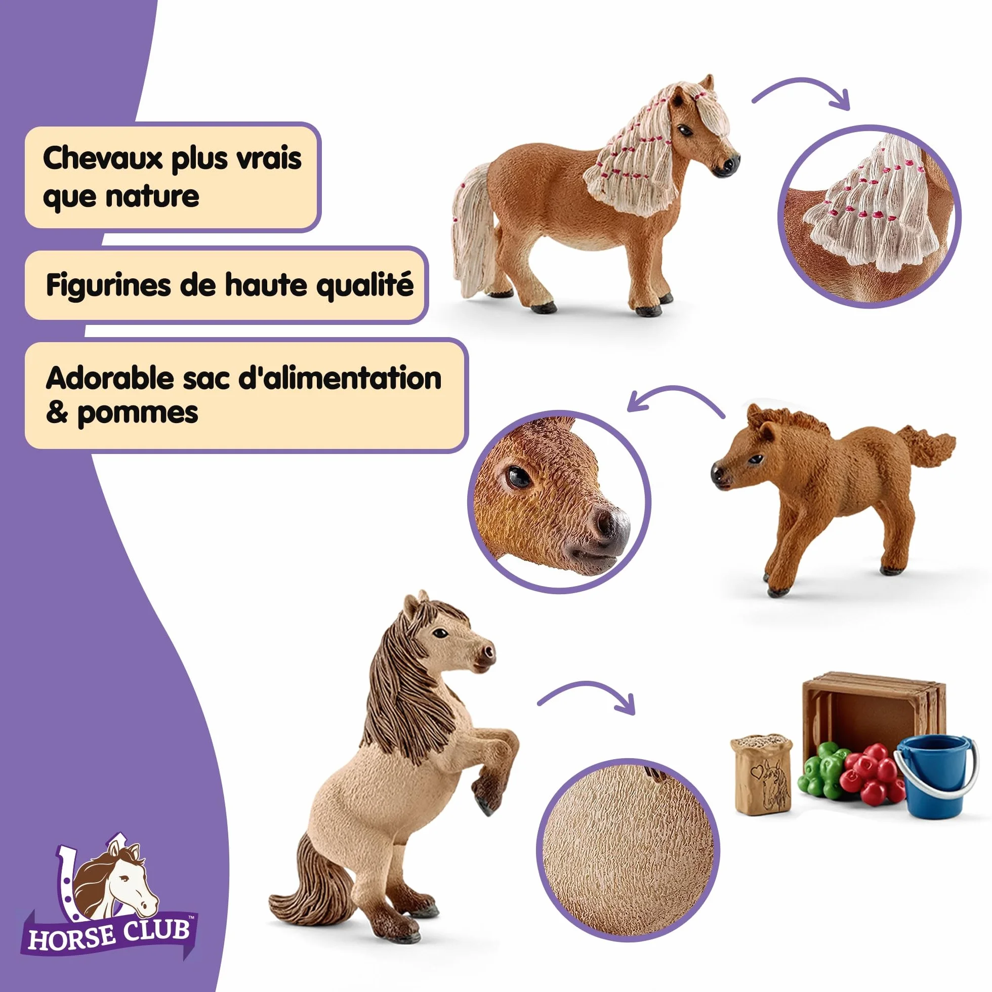 Schleich Horse Club Famille de Mini-shetlands 41432 3 poneys avec accessoires pour chevaux jouet à partir de 5 ans ensemble de 8 pièces