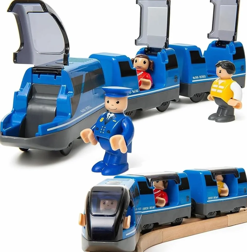 TOPLIVING Train à Piles Chemin de Fer en Bois Jouet Haute Vitesse 3 4 5 Ans Attelage magnétique Véhicule Urbain Figurines