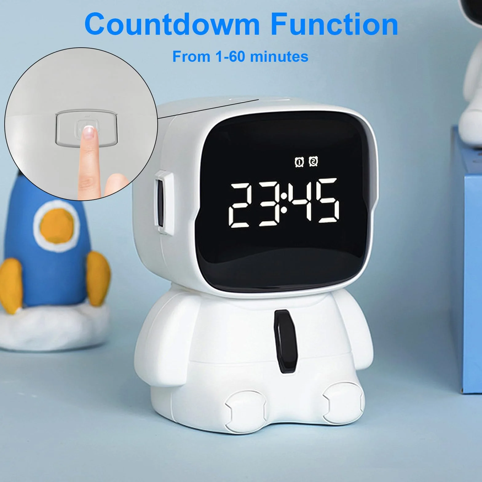Réveil numérique LED astronaute pour enfants avec fonction snooze, 2 alarmes, rechargeable