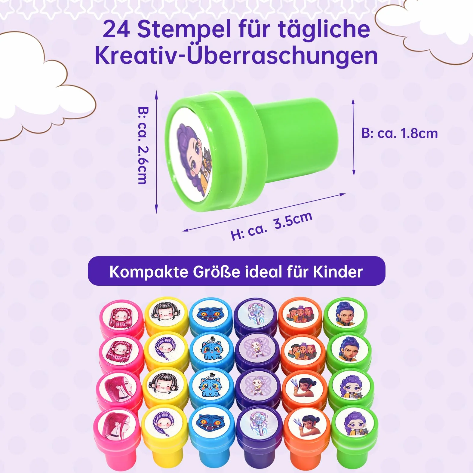 Huntrix Lot de 24 tampons auto-encreurs ronds pour enfants 3 ans et plus