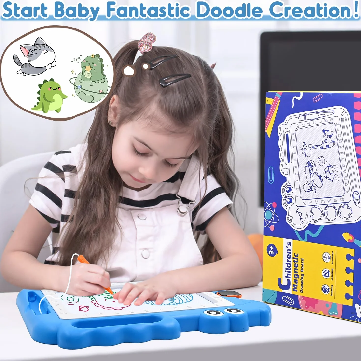 AiTuiTui Ardoise Magique Jouet Enfant 3-5 Ans, Ardoise Gribouillage Magnétique Effaçable, Jeu Educatif Cadeau Filles Garçons, 4 Zones Couleur 3 Tampons 1 Stylo, Bleu
