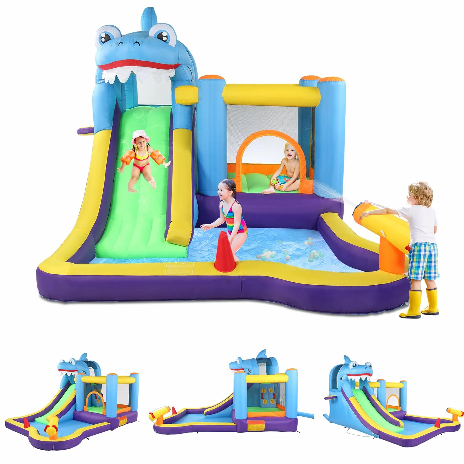 LEADZM Château Gonflable Parc Aquatique Thème Requin avec Trampoline Toboggan Piscine Pistolet à Eau 380x260x240 cm