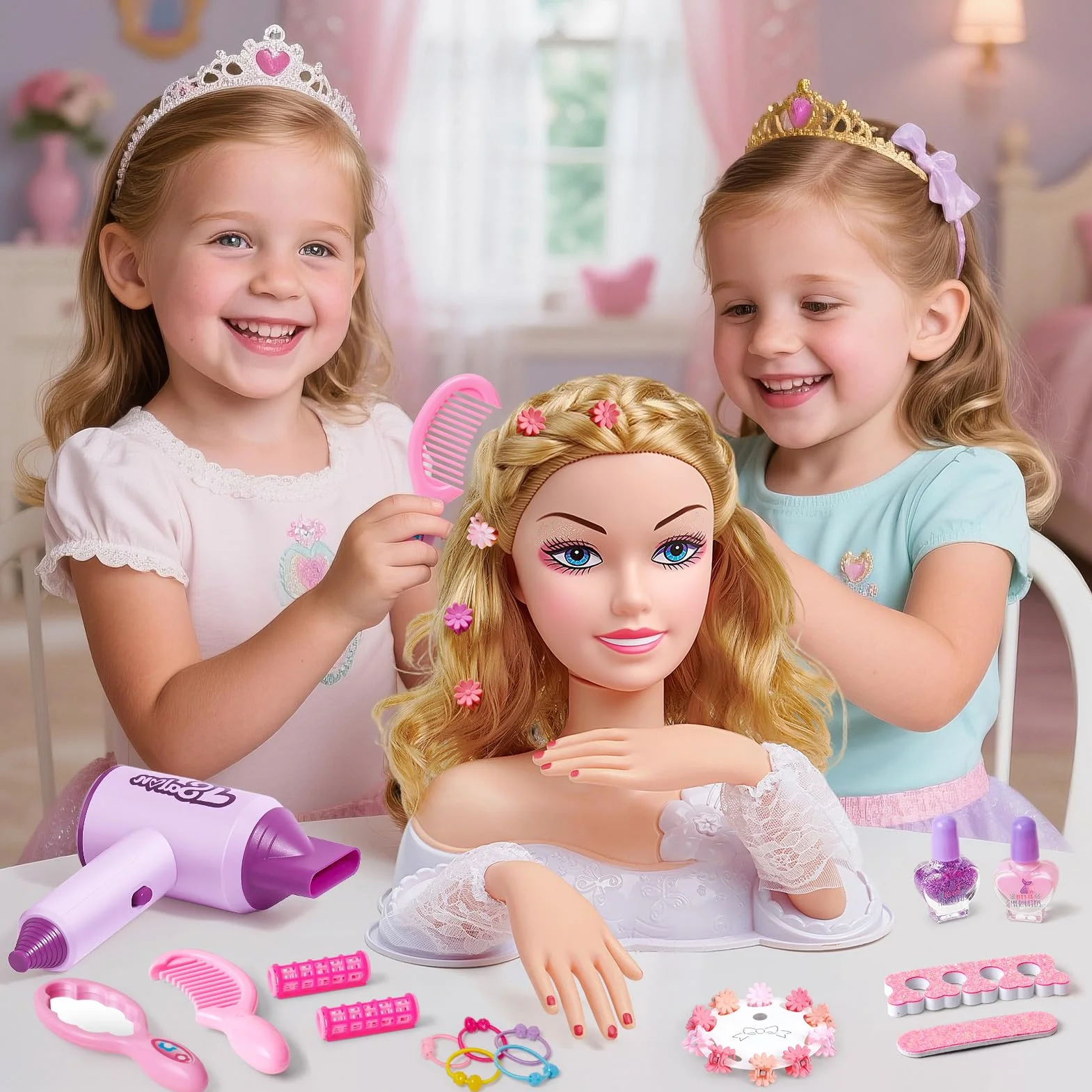 Vamei Tete a Coiffer Enfant avec Accessoires Coiffure, Poupée Maquillage Sèche-Cheveux, Salon Jouet Cadeau Fille 3-6 Ans