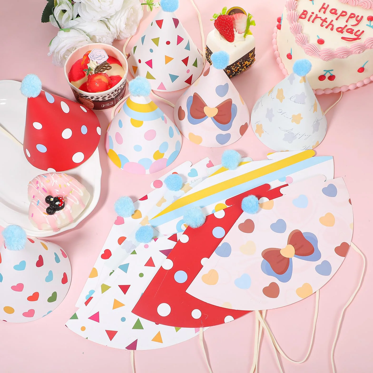 Chapeaux de fête pour animaux en peluche, lot de 12, 6 styles avec pompons, chapeau conique en papier pour chats chiens chatons lapins