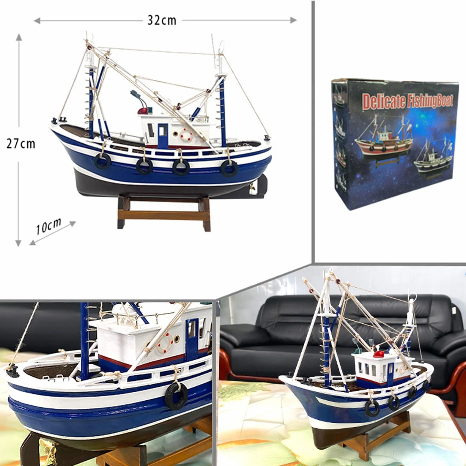 YLME Maquette De Bateau Maquette Finie De Bateau De Pêche Simuler Décoration De Bateau De Pêche en Bois Faite À La Main Décoration De La Maison Cadeau Souvenir,Bleu