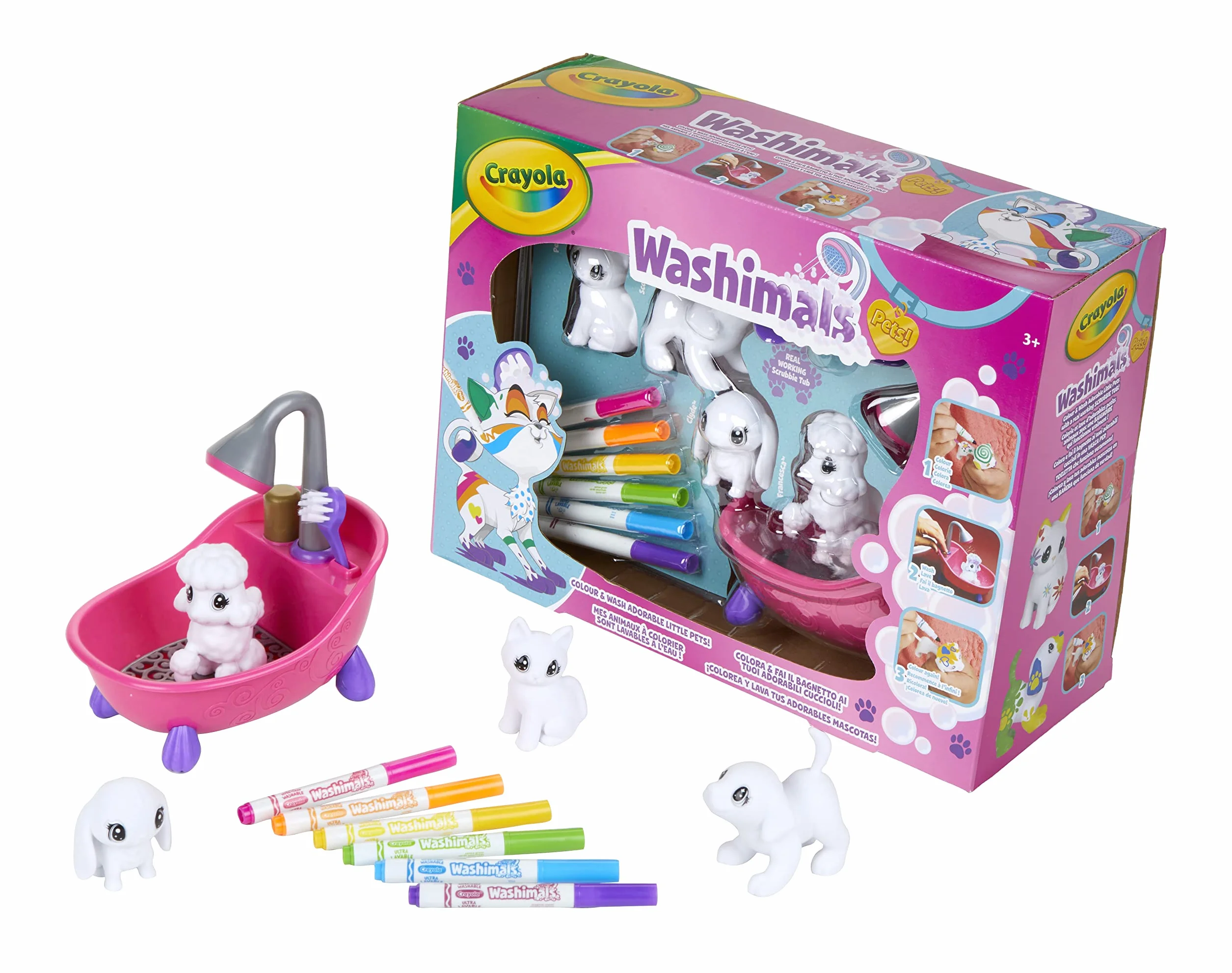 Crayola Washimals Kit Créatif de Coloriage Feutres Couleurs Chiots Baignoire Douche Rose 3 Ans