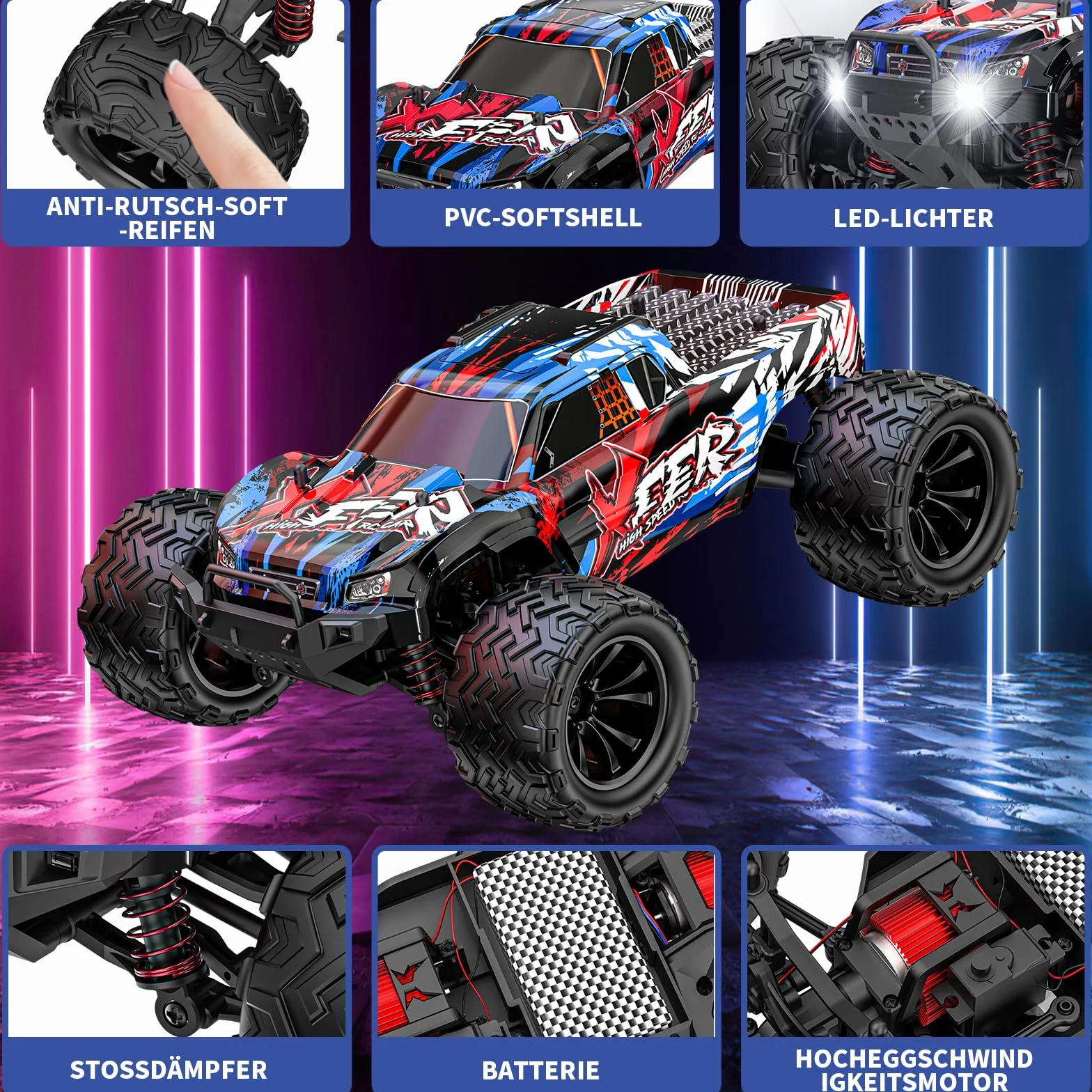 EVARY Voiture télécommandée 1:16, 40 km/h, 2,4 GHz, 4 WD, Monster Truck radiocommandée, Jouet pour Adolescents à partir de 12 Ans, 55 Minutes de Temps de Jeu, portée 50 m, Voiture radiocommandée pour