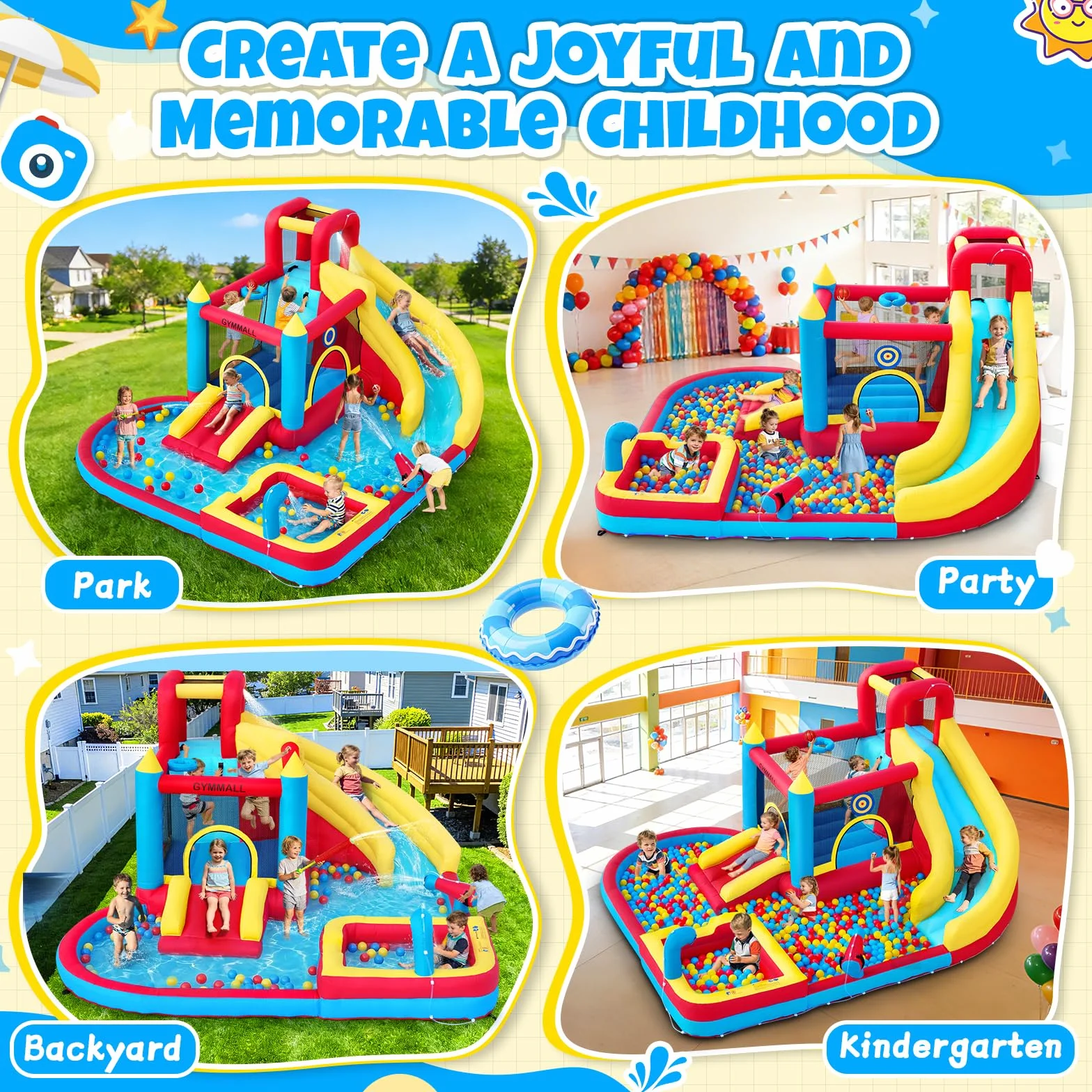 Château Gonflable pour Enfants 8-en-1 avec Souffleur 480W, Toboggan, Mur d'escalade, Trampoline et Pataugeoire