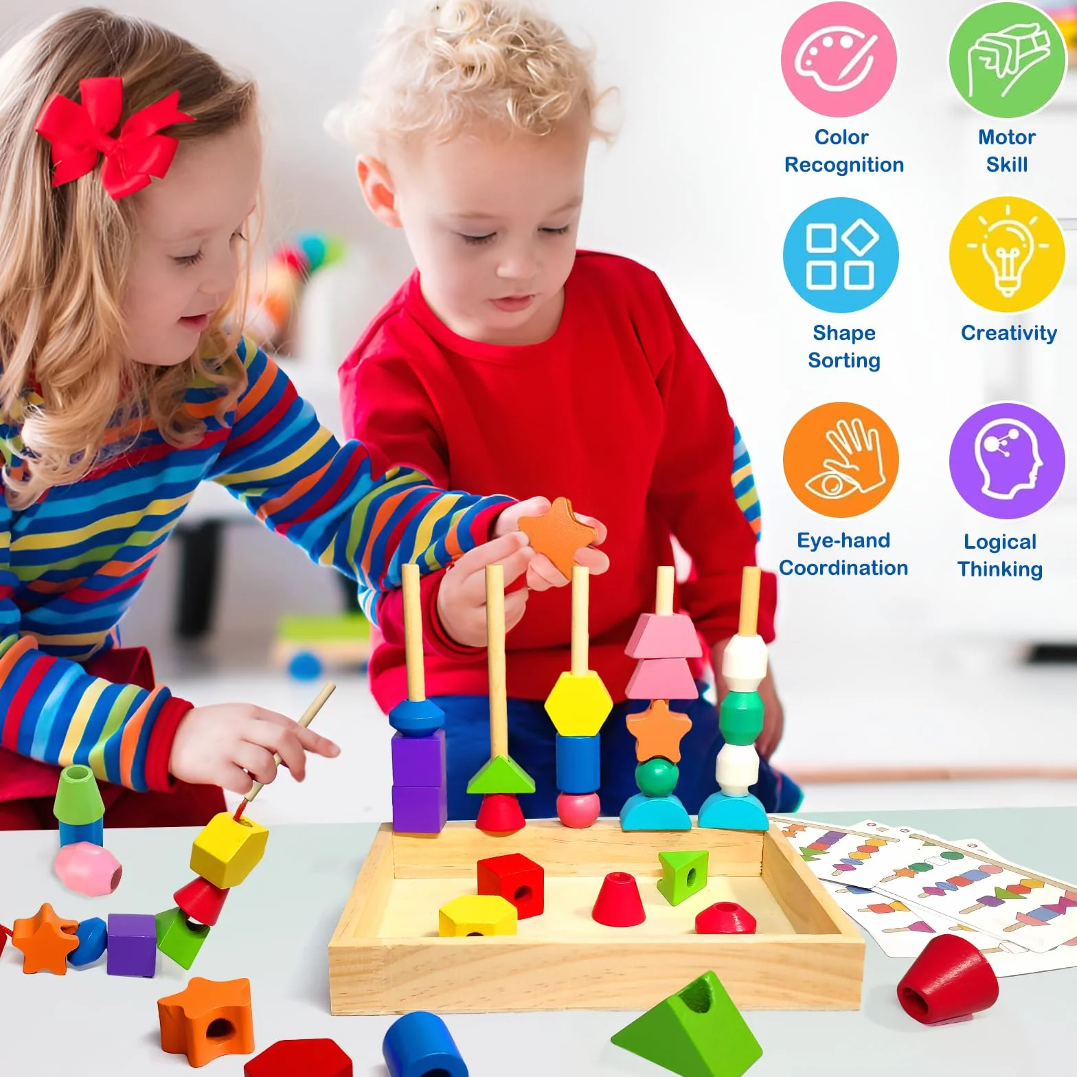 Jeux Montessori 3 en 1 Jouets de Perles de Laçage en Bois, Empilable et Enfiler, Tri, Éducatif 2-5 Ans