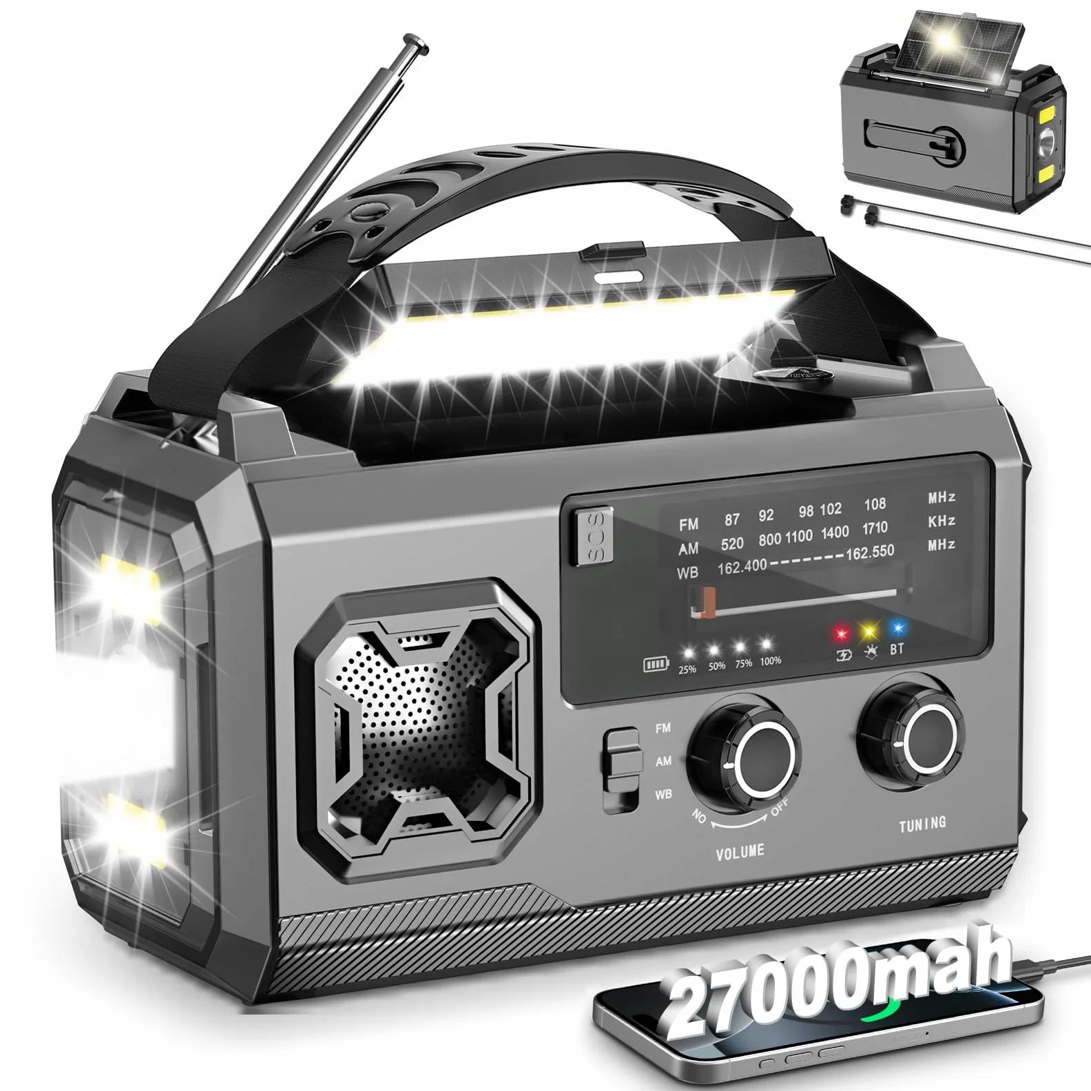 Radio Solaire Dynamo Survie 27000mAh Batterie Rechargeable AM/FM Lampe LED Alarme SOS Camping Randonnée Gris