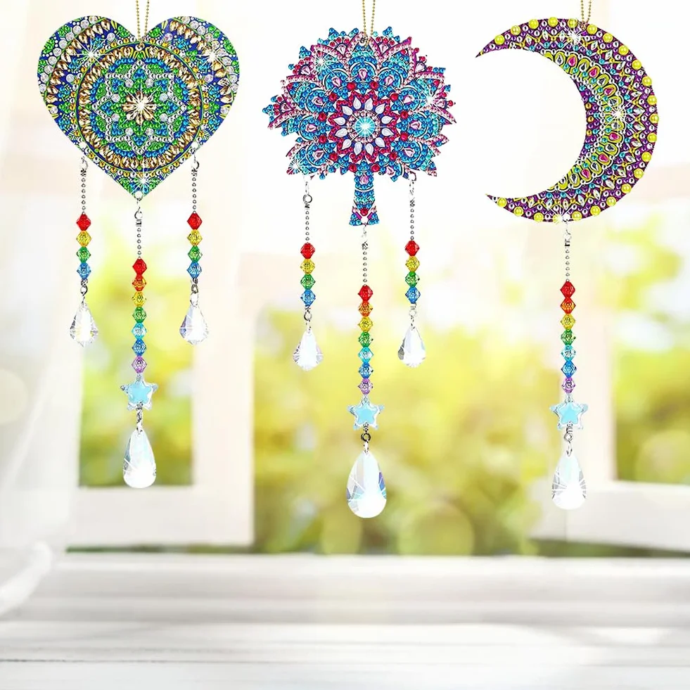 Aolso Diamond Painting Wind Chimes, 3 Pièces DIY Carillon à Vent en Cristal Pendentif 5D Double Face (Lune)