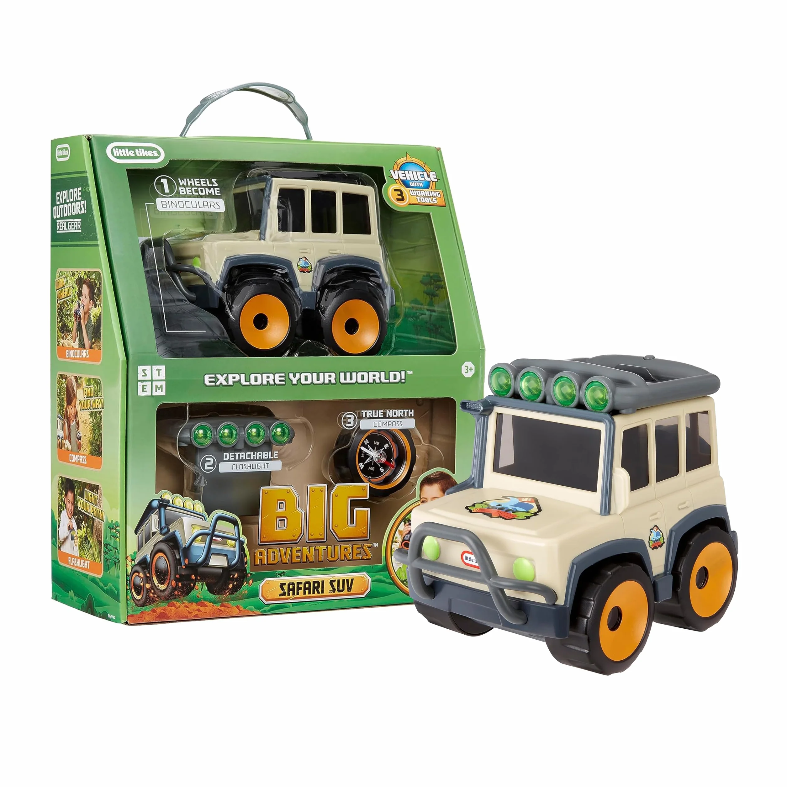 Little Tikes Big Adventures SUV Safari STEM - Véhicule, jumelles, lampe de poche, boussole - Cadeau pour enfants 3+
