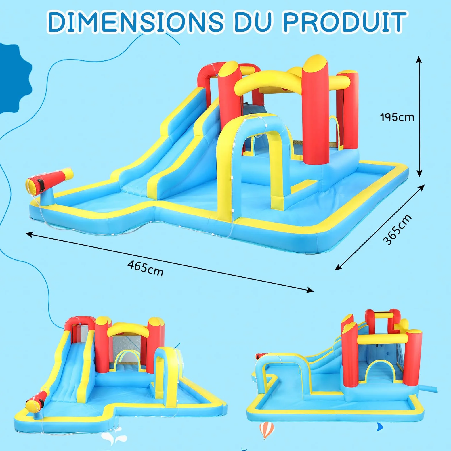 Château Gonflable Enfant avec Piscine et Toboggan, Aire de Jeux Gonflable 465x365x195 cm