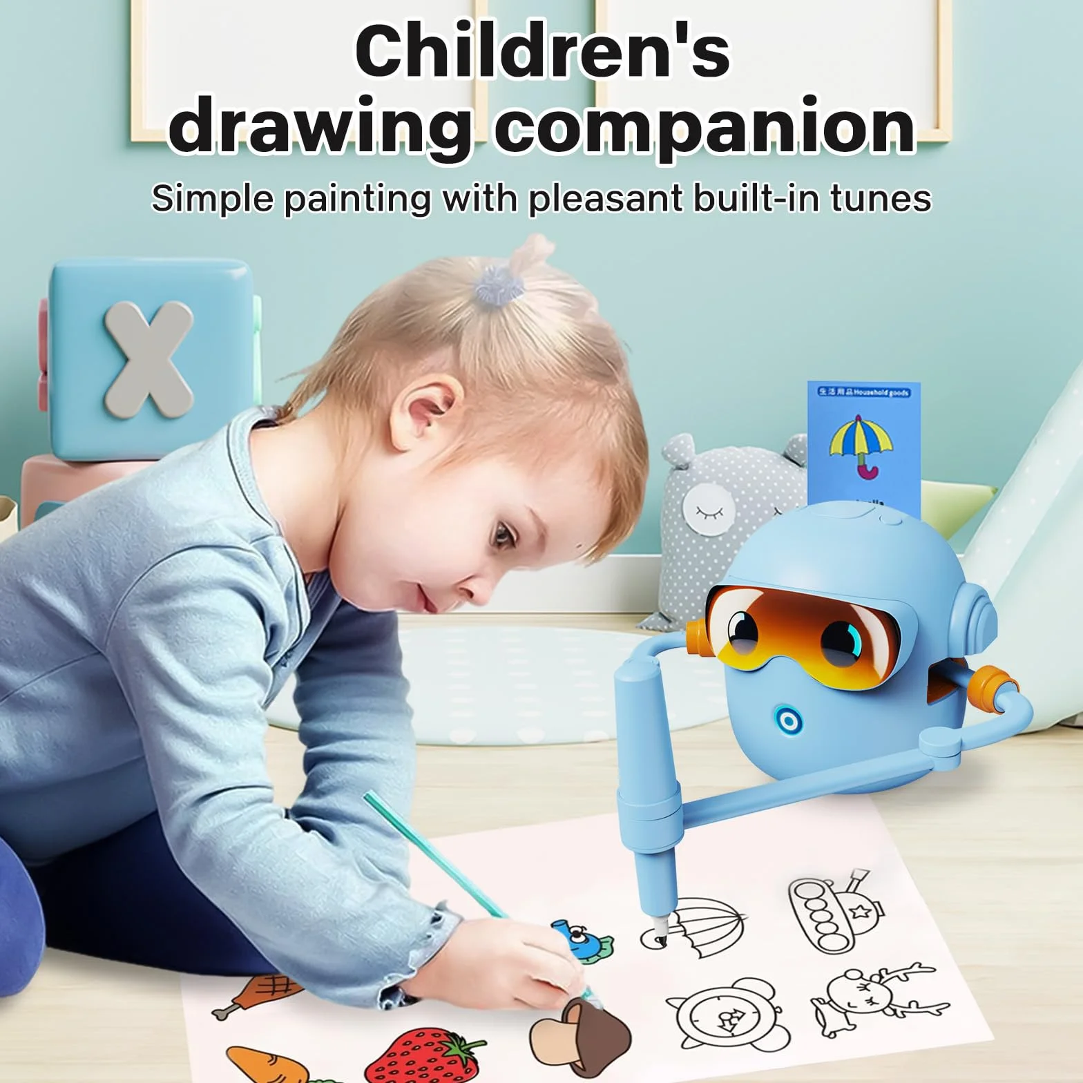 PZCC Robot de Dessin pour Enfants Jouet Éducatif Interactif 100 Cartes Dessin Guide Vocal 12 Feutres Colorés Batterie USB-C Cadeau Filles Garçons 3-9 Ans Bleu