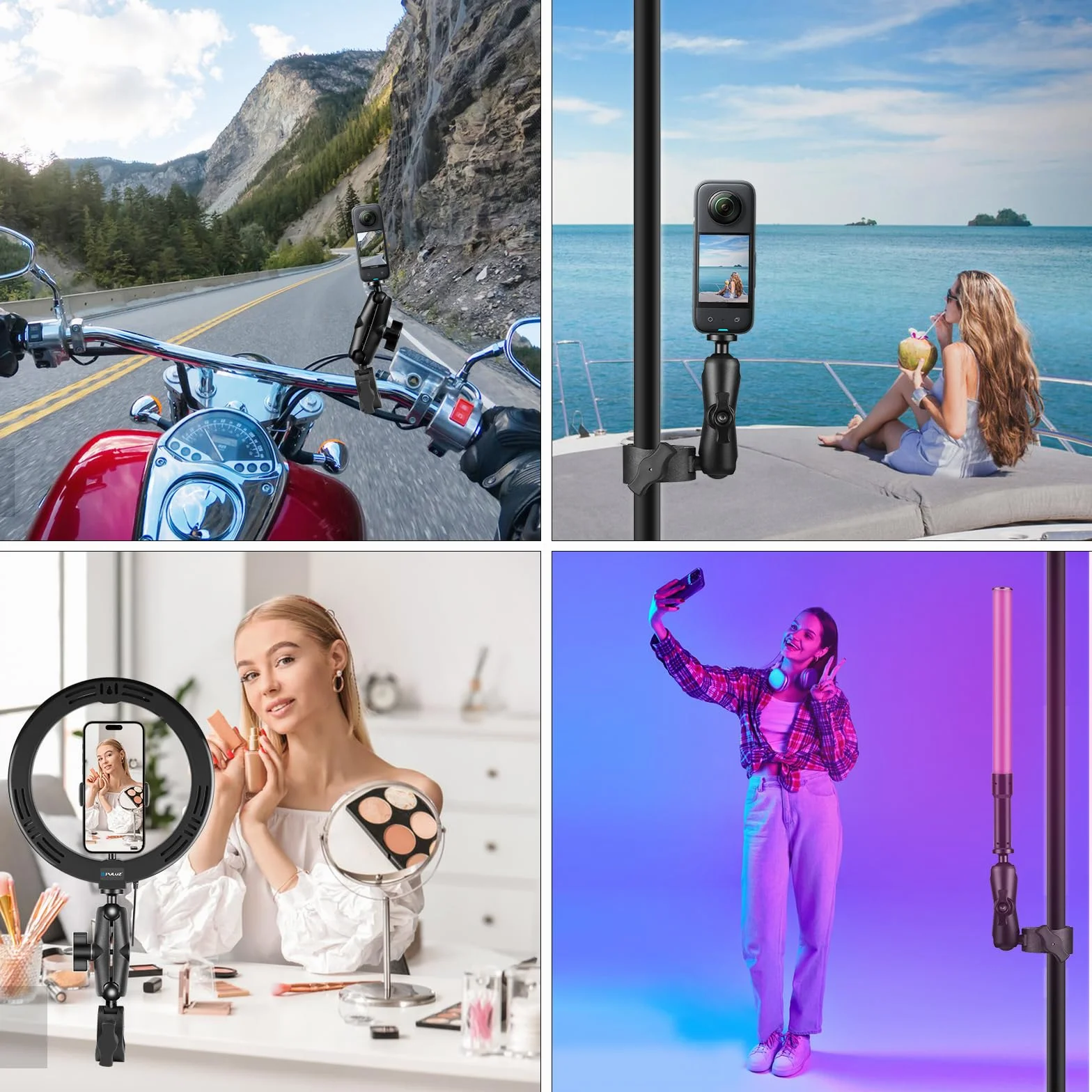 Super Clamp Crabe Action Camera Moto Guidon Support Fixe 360° Rotation Rotule Tête Boule Filetage 1/4" pour Caméra Studio Trépied Compatible Gopro Insta360 X5 X4 X3 OSMO