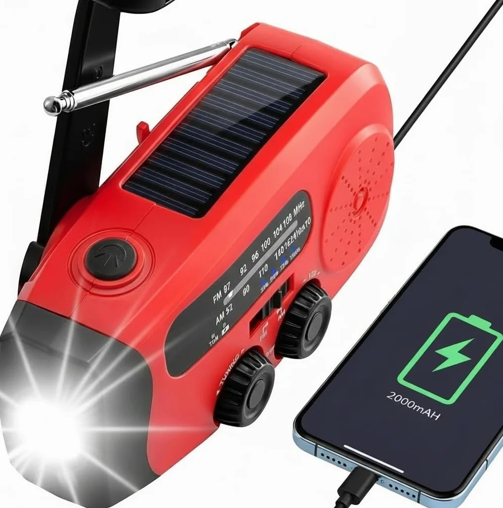 Radio solaire d'urgence portable 2000 mAh avec alarme SOS et chargeur USB
