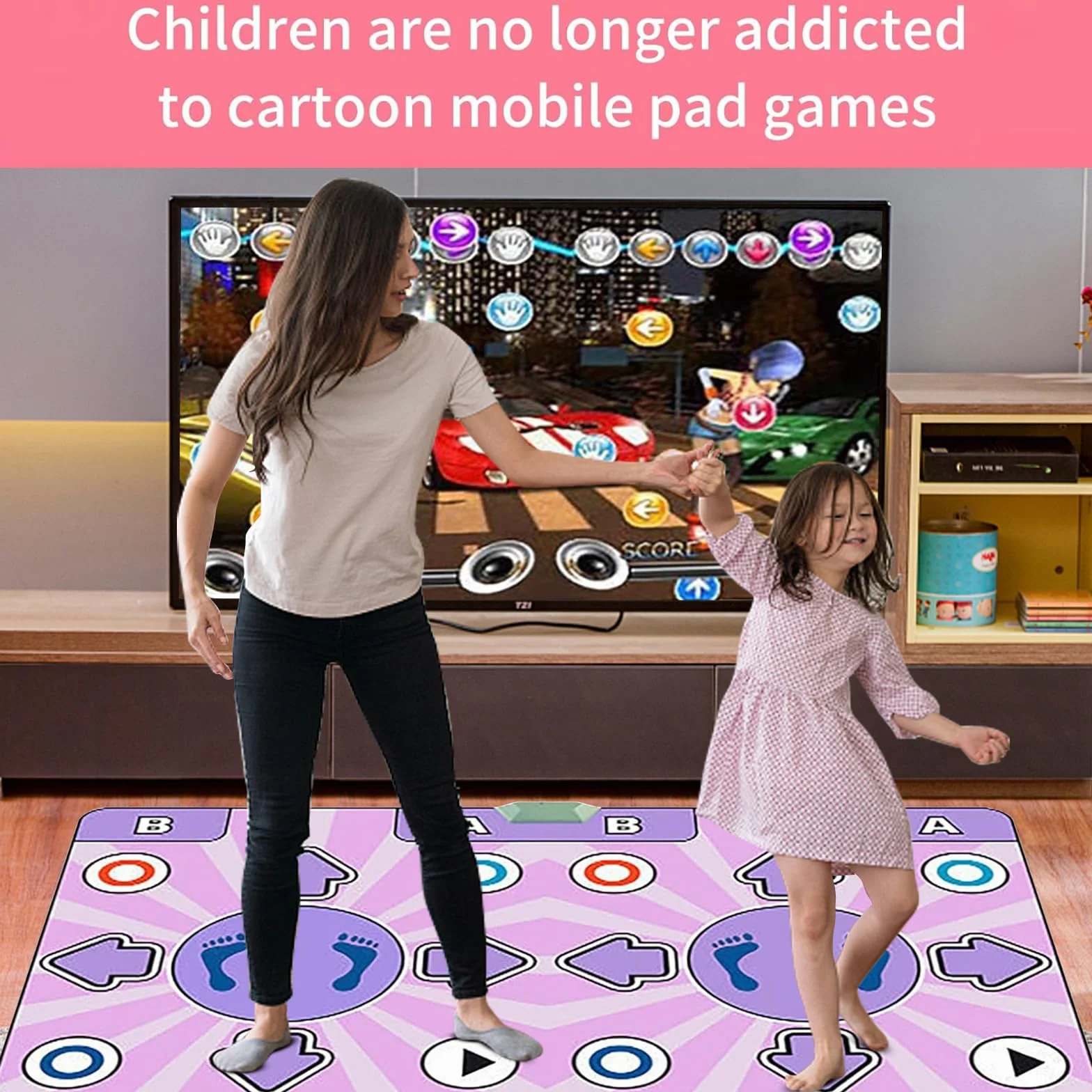 Tapis de Danse Musical avec Télécommande, 2 Enfants Rechargeable, 8 Modes, 100 Musiques, 65 Jeux, Cadeau Anniversaire Enfants 3-7+ Ans (Rose)