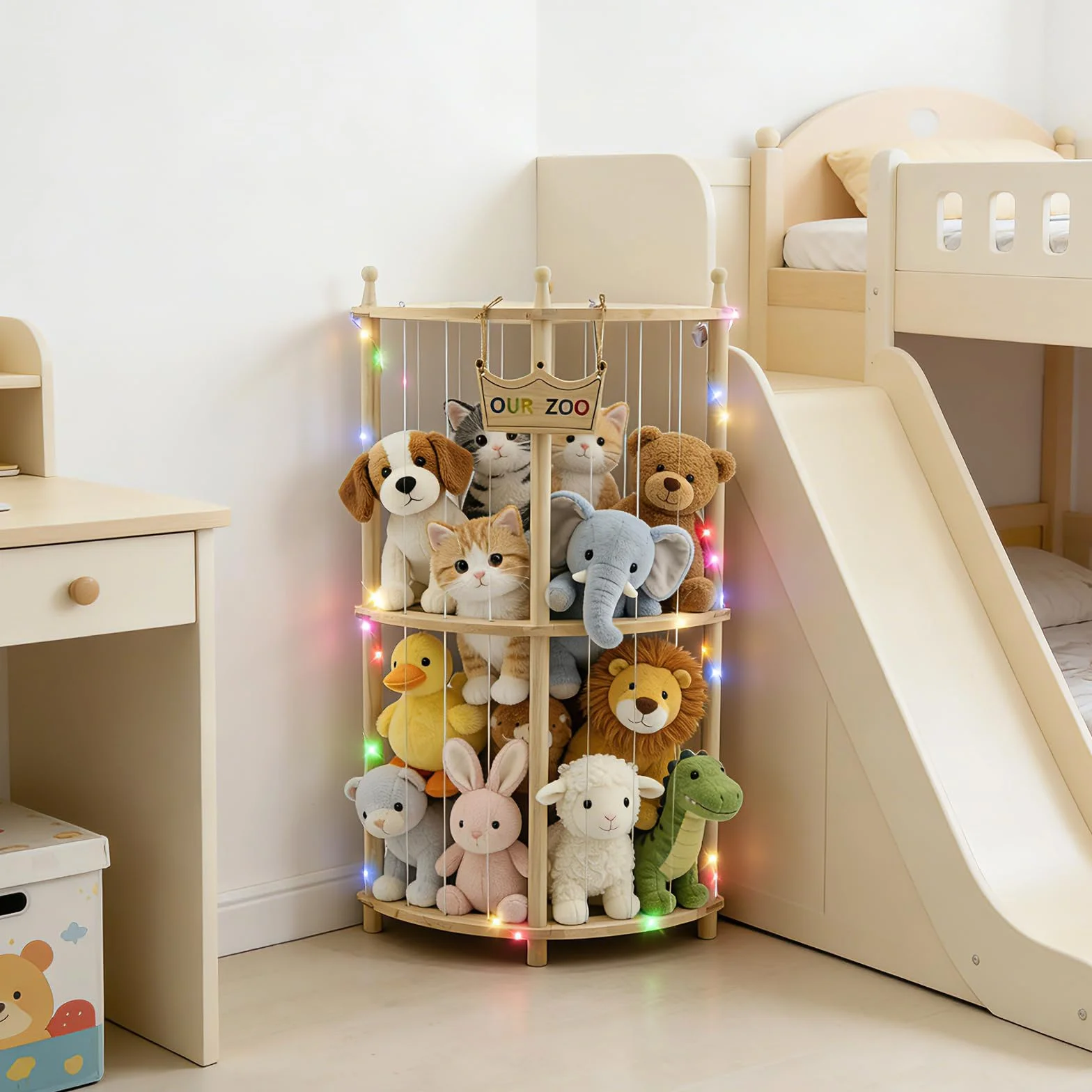 OUR ZOO Rangement d'angle pour doudou avec guirlandes lumineuses, double couche, bois, 90 cm, organisateur de jouets