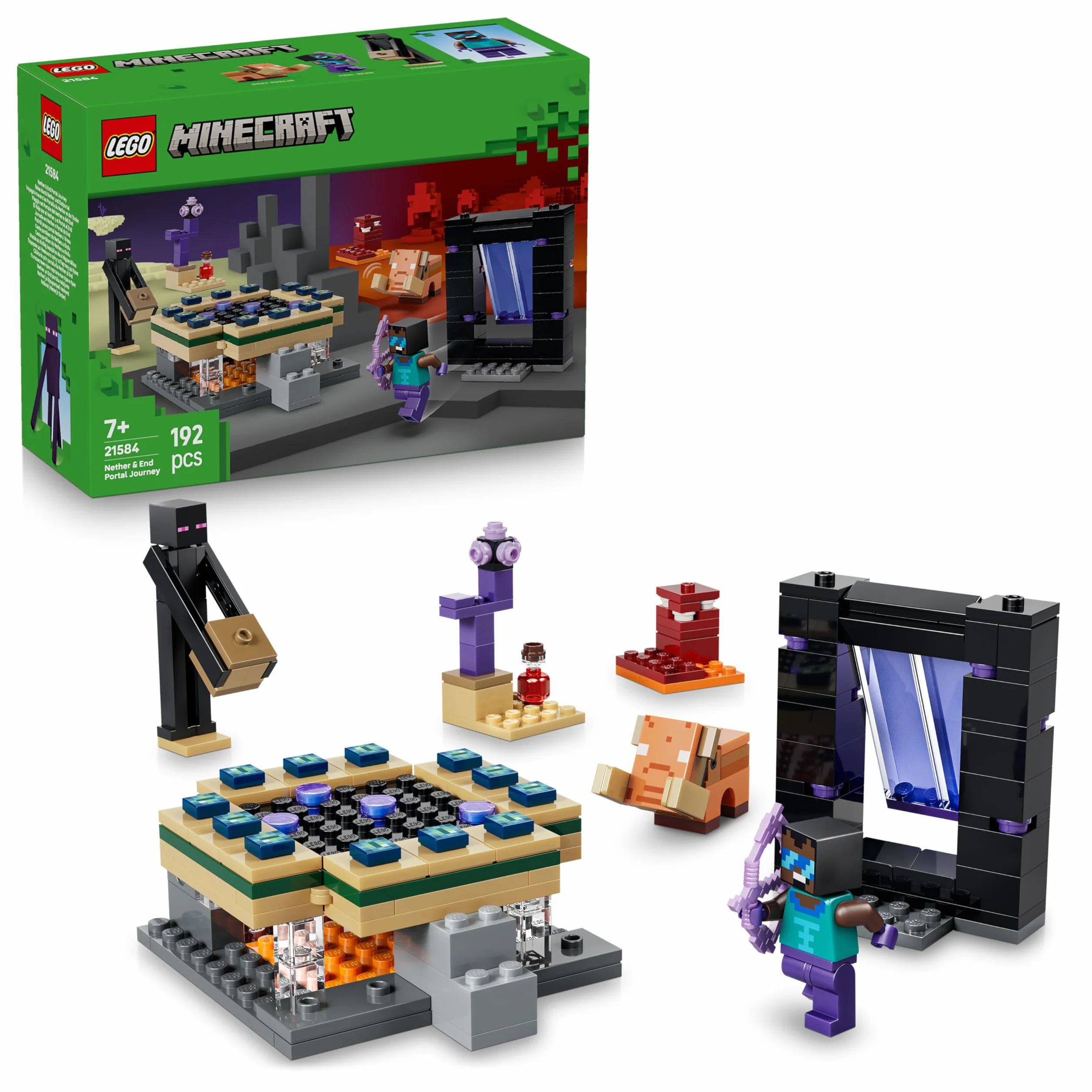 LEGO Minecraft Voyage à Travers Les Portails du Nether et de l’Ender Jouet de Construction Figurines Mobs Héros Enderman Bébé Hoglin Cadeau Gaming 7 Ans
