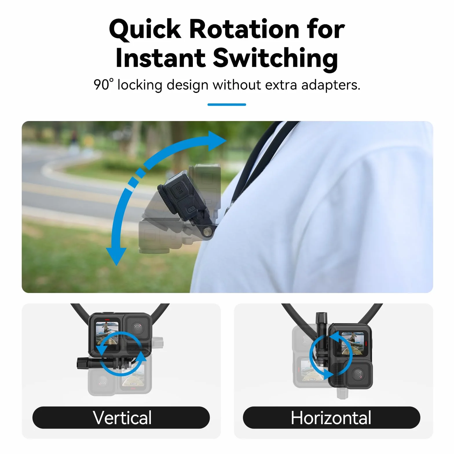 TELESIN SE 2.0 Support de Cou pour GoPro Hero 13 12 11, DJI Osmo Action 6/5/4, Insta360 X5 Ace Pro, avec Rotation et Sangle de Poitrine