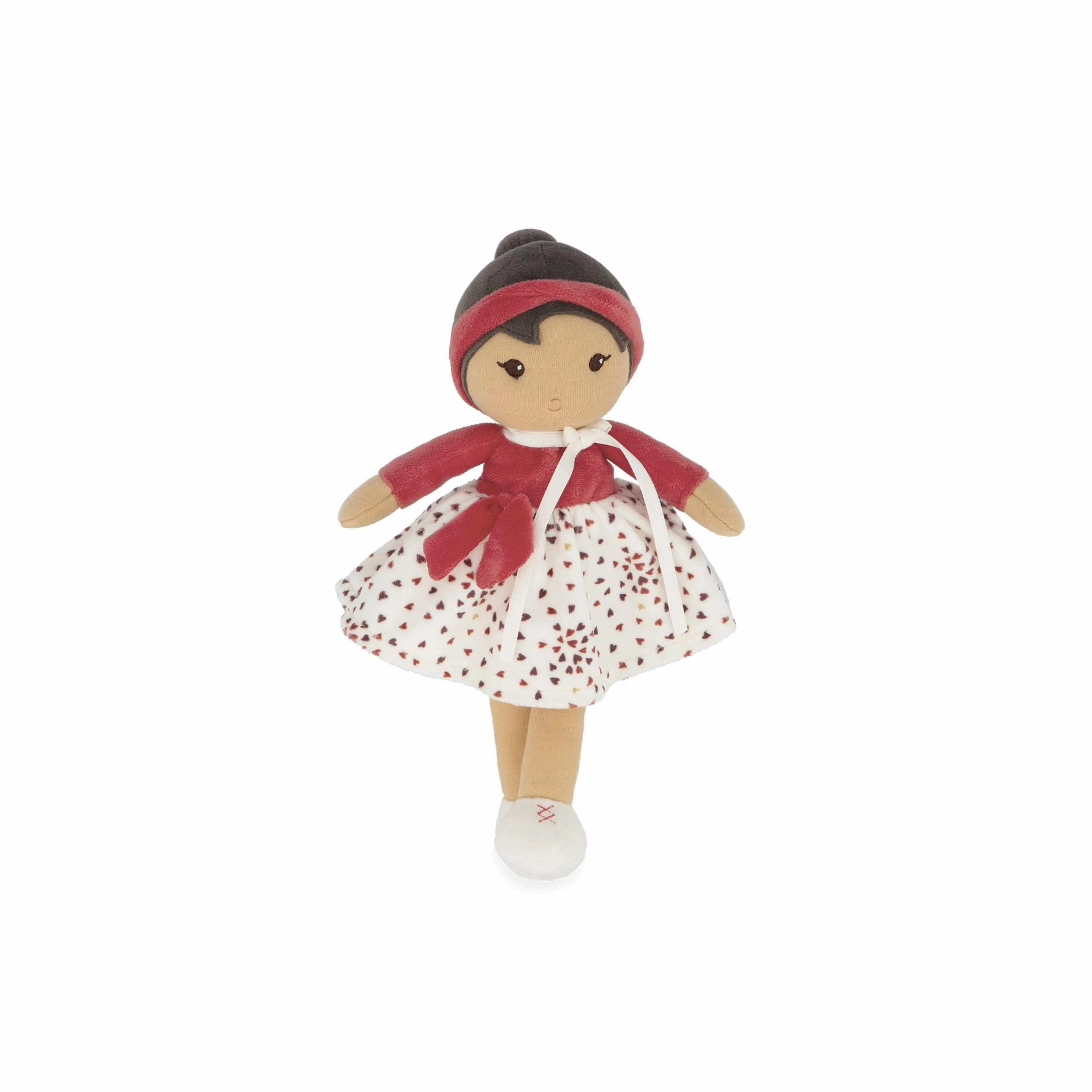KALOO Tendresse Ma 1ère Poupée en Tissu Emilie 25 cm Jupe Micro Velours Cache-cœur Rouge Boite Cadeau Dès la Naissance