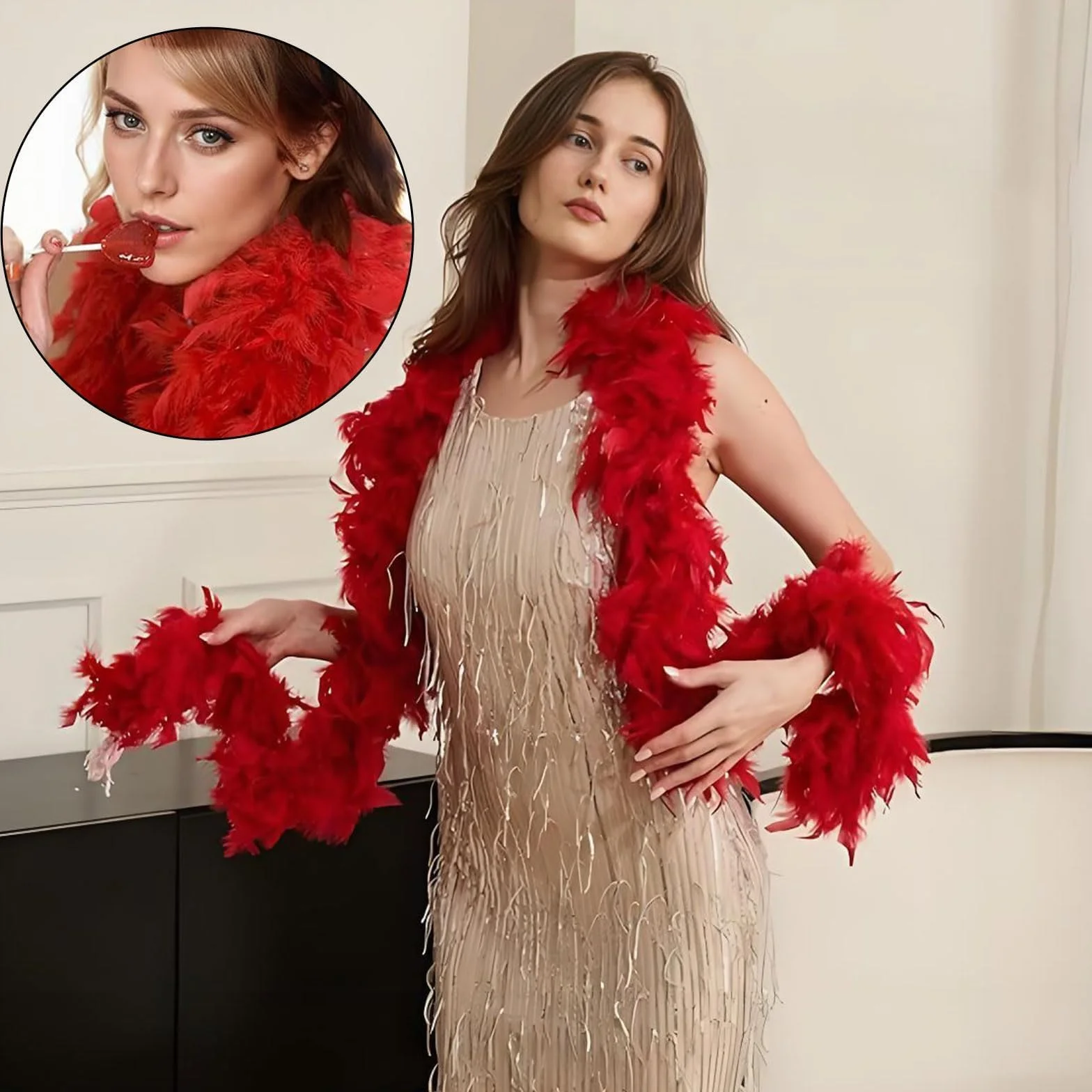 Boa Plumes de Dinde Moelleux Accessoire Costume Charleston Années 20 Flapper Rouge 2m