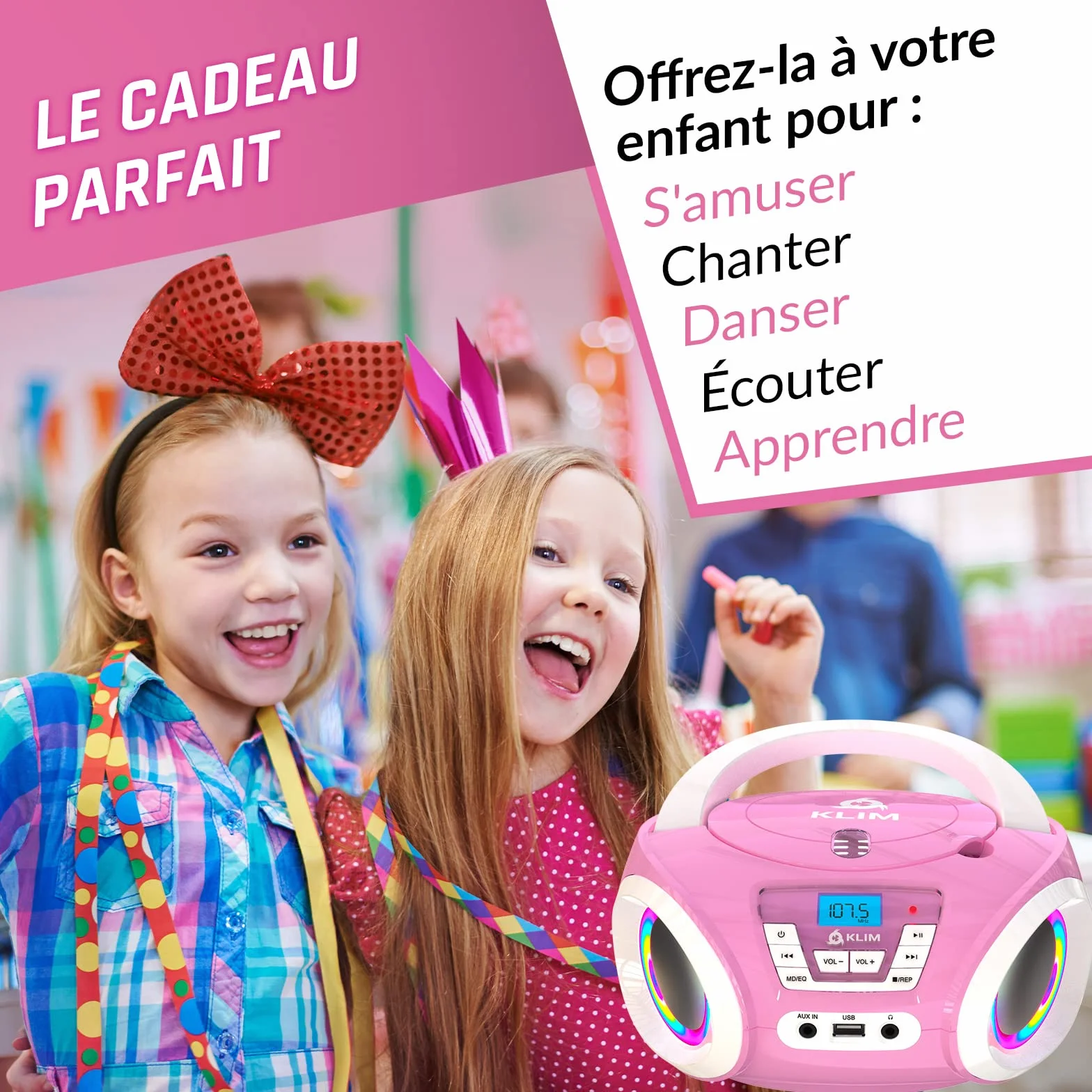 KLIM Candy Lecteur CD Enfant Radio FM Rose avec Haut-parleurs