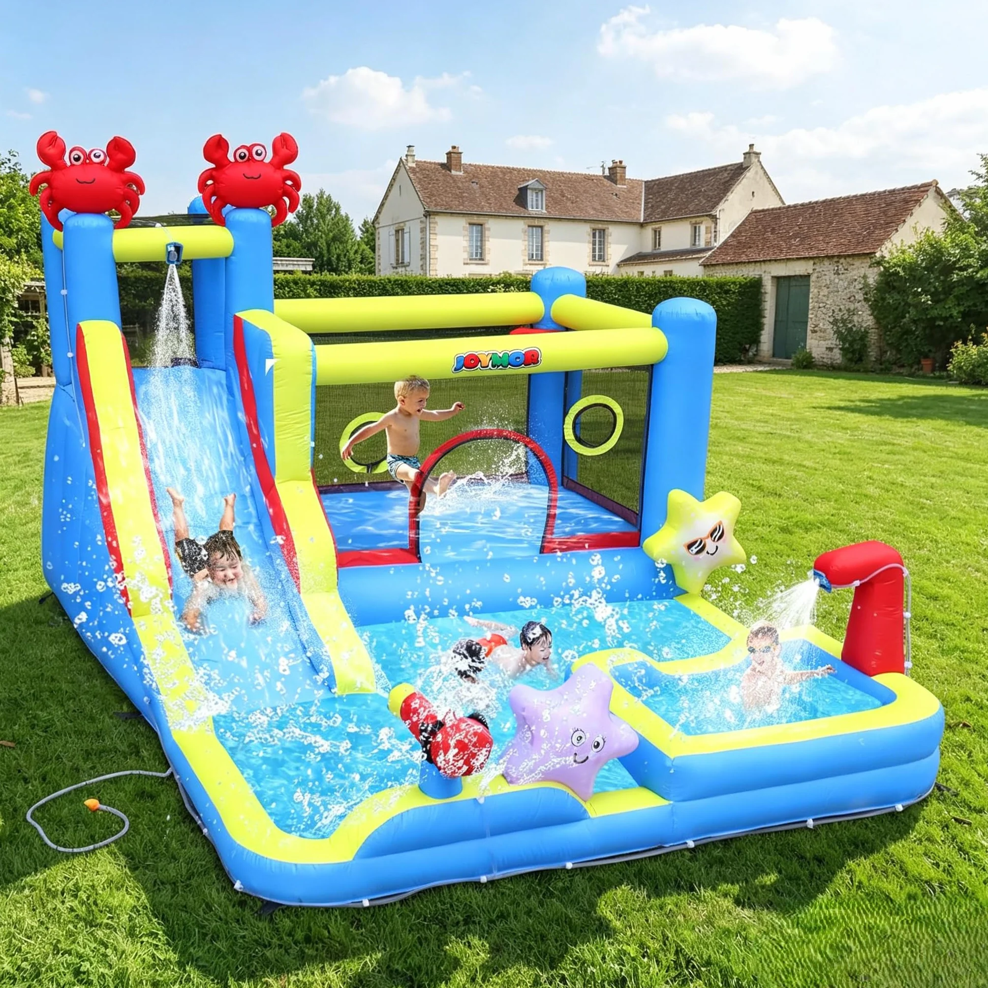 Bonnlo Chateau Gonflable avec Piscine Toboggan Mur d'escalade Trampoline 375x292x230cm Jardin Extérieur Ventilateur Inclus Thème Océanique