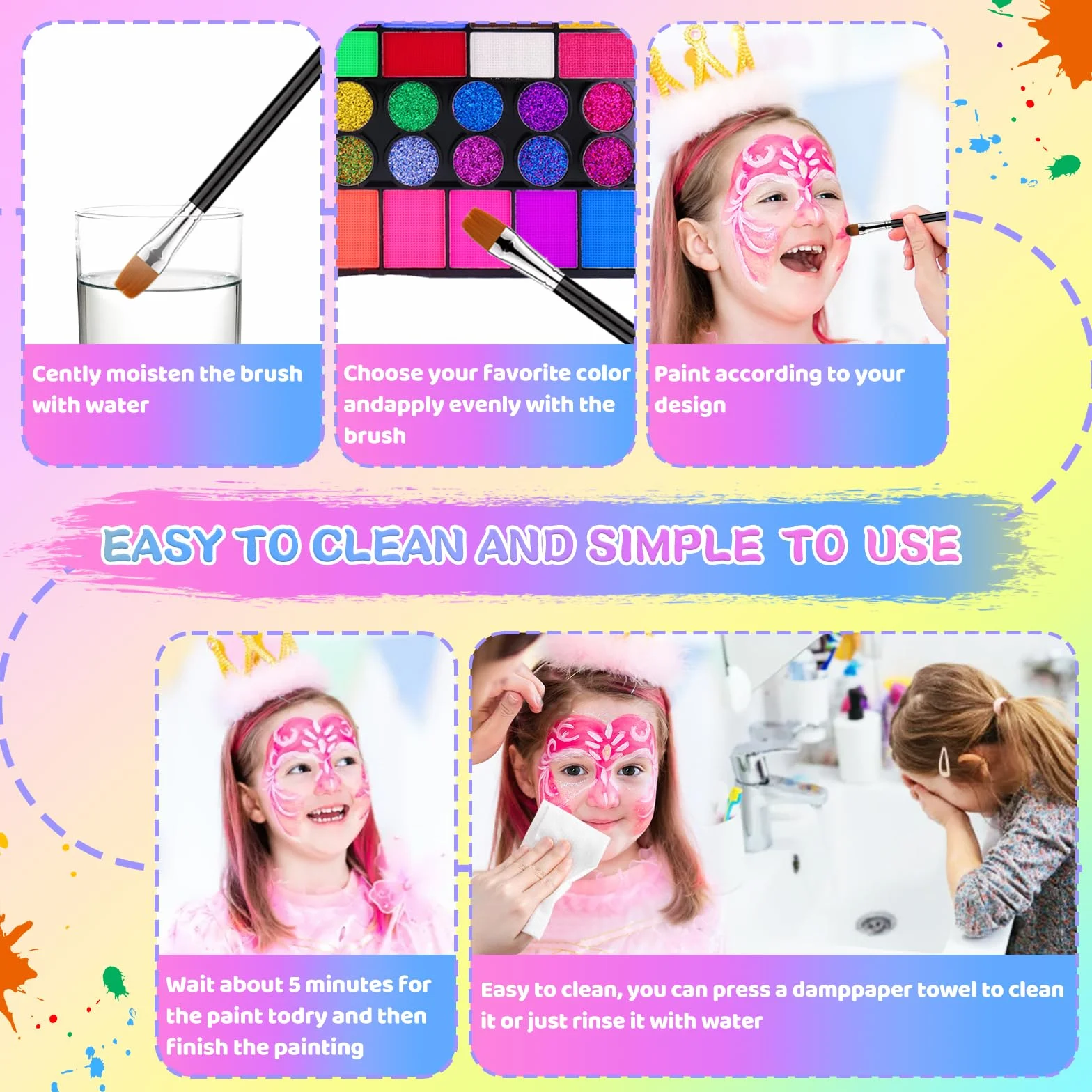 Kit de maquillage pour enfants 42 couleurs lavable visage avec pinceau pochoirs autocollants diamants Halloween carnaval