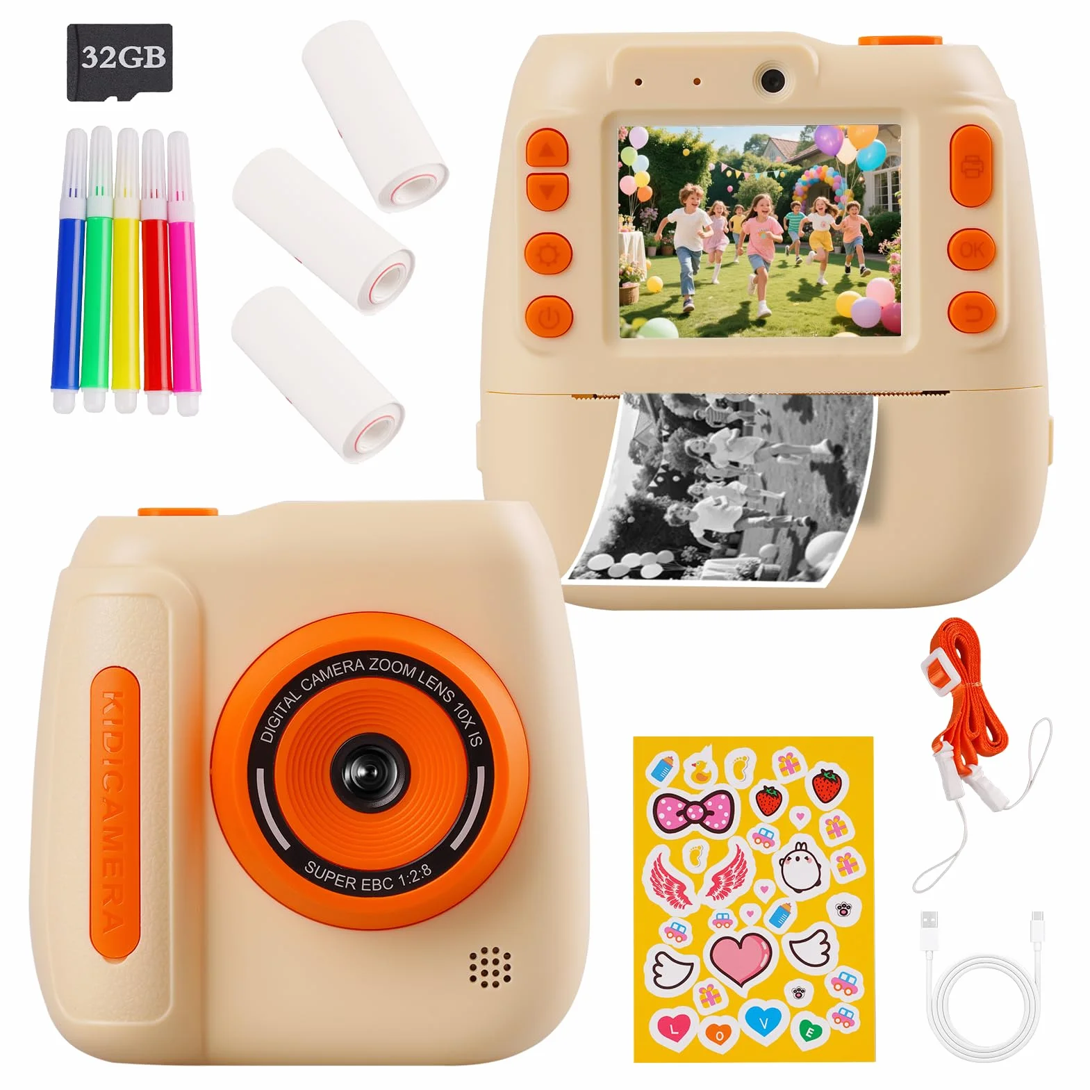 Appareil Photo Instantané Enfants 12MP 1080P Numérique avec Carte 32G et Papier 2,4 Pouces Caméra Jouets Cadeau Garçons Filles 3-12 Ans