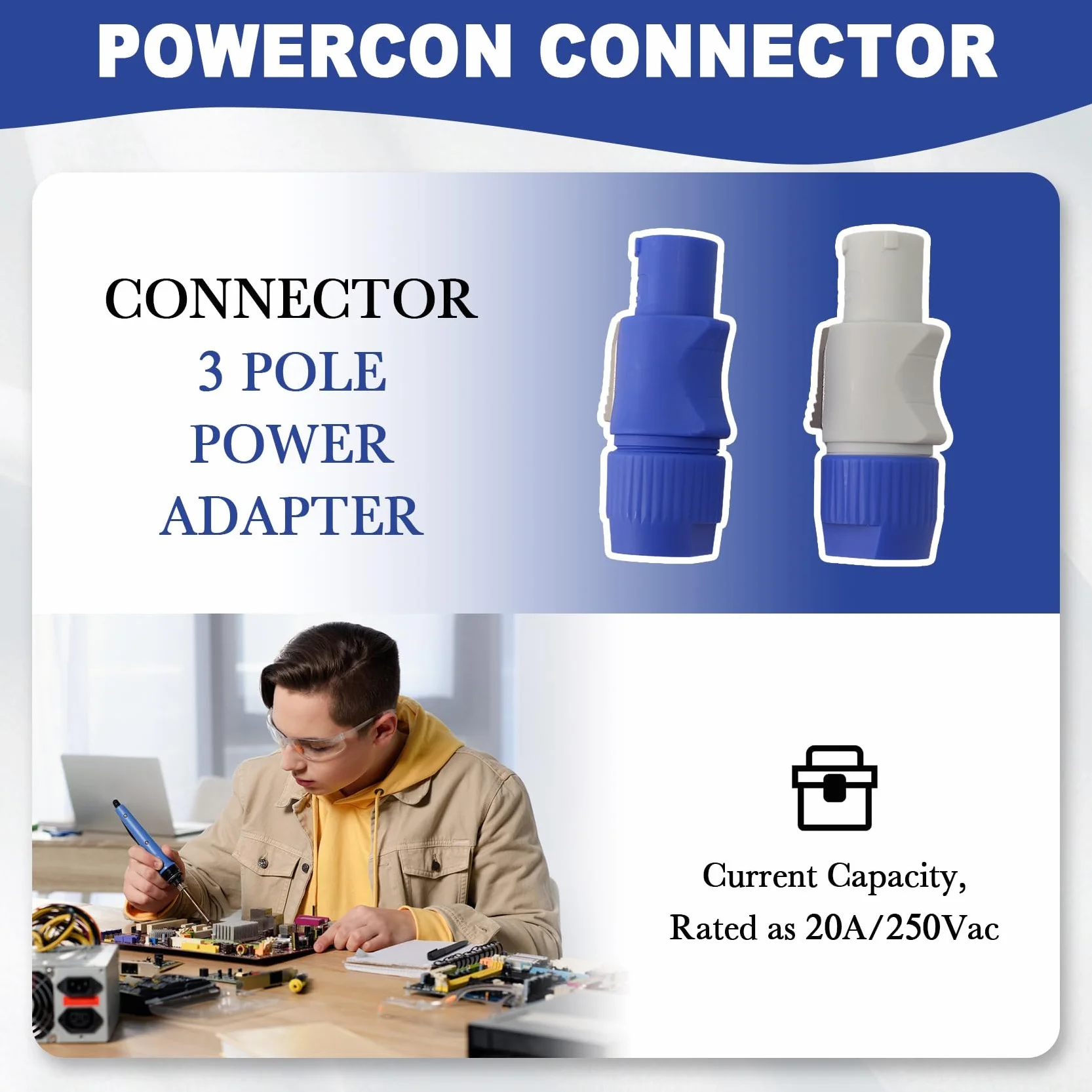 Lot de 20 prises Powercon NAC3FCB 3 broches 20 A 250 V CA Bleu