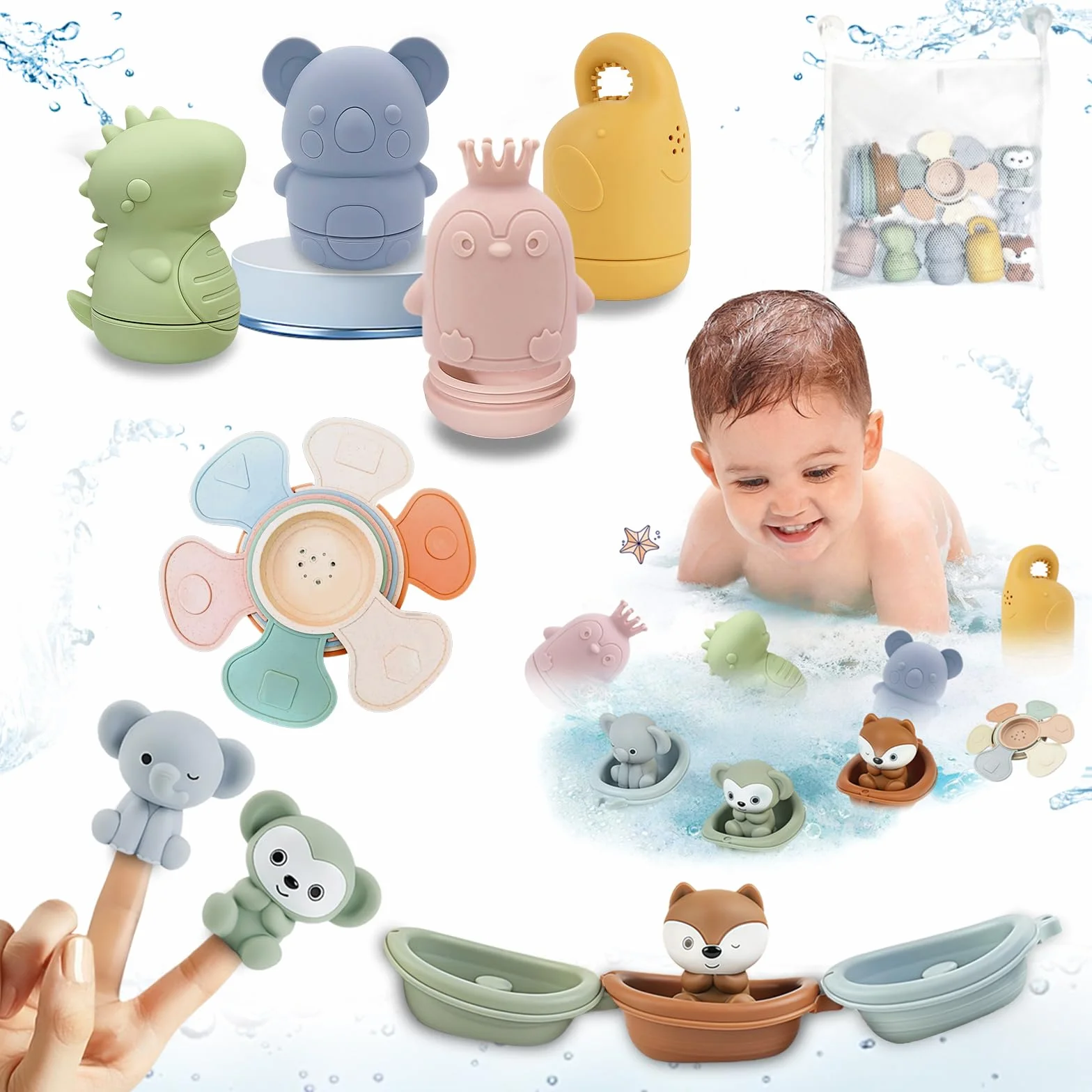 Jouets de Bain Bébé Silicone Lot de 16 Animaux Aspergeurs Empilables 1 2 3 Ans