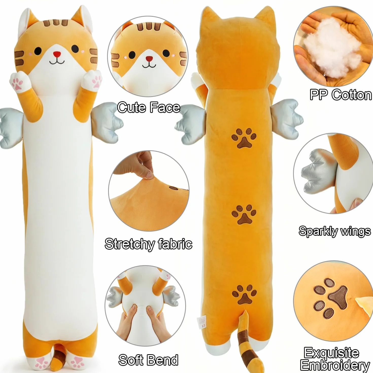 Kekeso Oreiller Peluche Chat Long 60cm Coussin Corps Mignon avec Ailes Kawaii Douce Câliner Cadeau Enfants Jaune