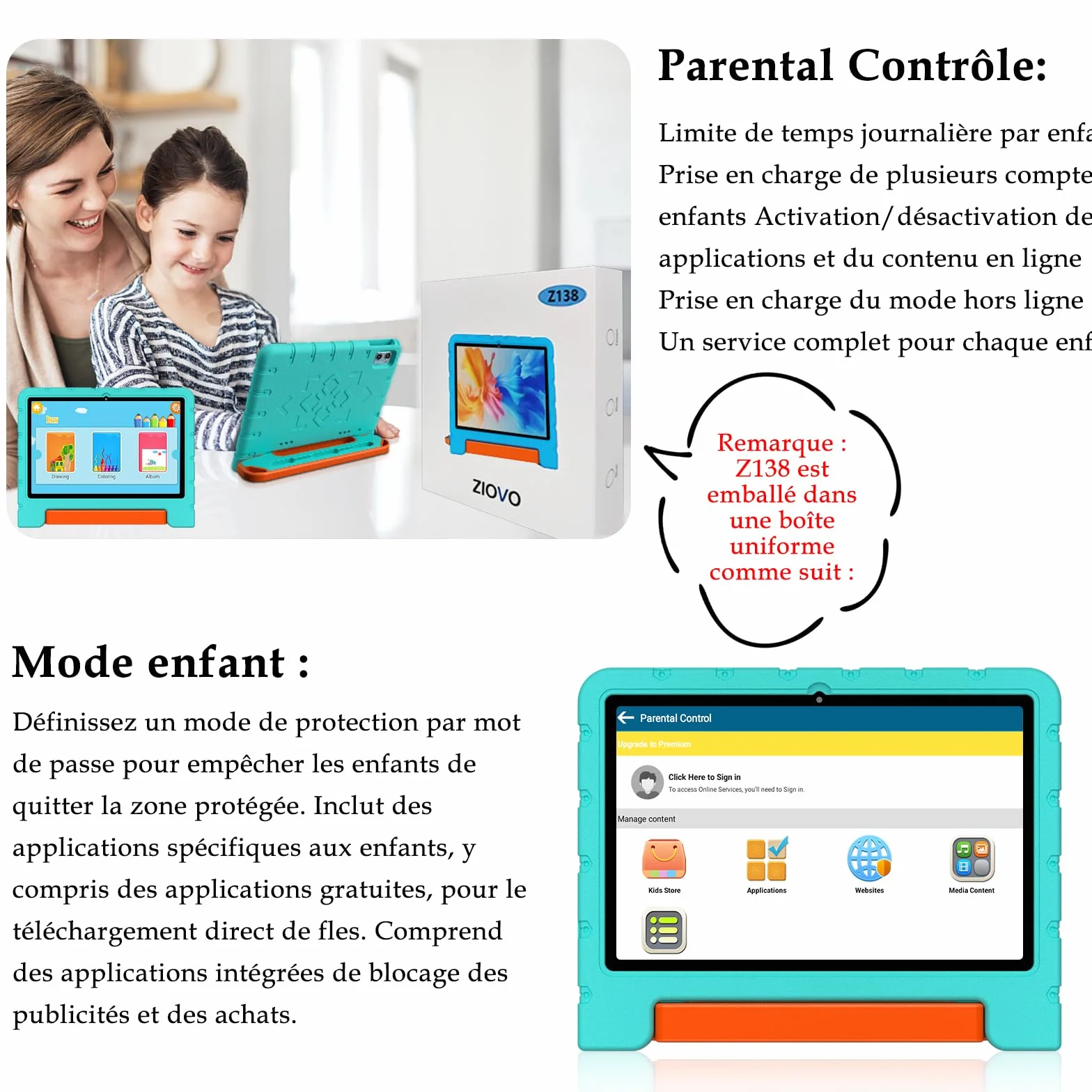 ZIOVO Tablette Enfants 10 Pouces Android 14 Tablette,20Go RAM+128Go ROM(TF 1To),Widevine L1，WiFi 6 Tablette Tactile,Octa-cœur, 6000mAh | 5+8MP | BT 5.0 | Contrôle Parental Tablettes avec EVA Cas-Vert