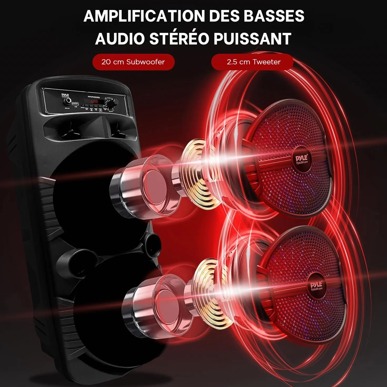 Pyle Enceinte Bluetooth Portable Extérieure 600 W Haut Parleur Sono Double Caisson de Basses Tweeter