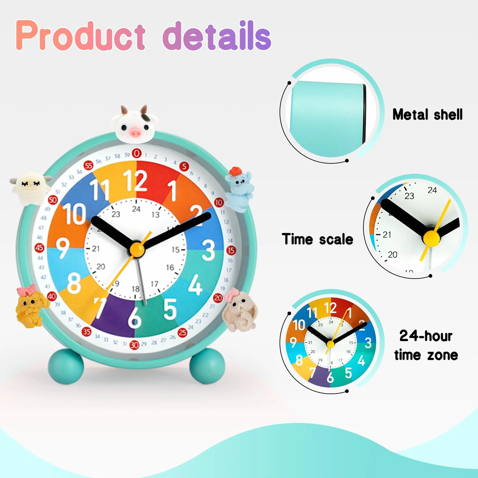 Reveil Enfant Educatif Jour/Nuit sans Tic-Tac avec Snooze et Veilleuse, 5 Decorations