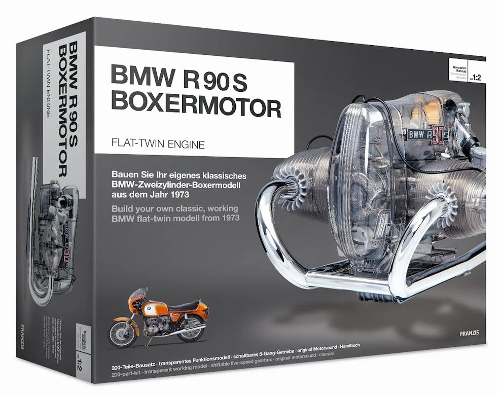 Franzis BME019 67009 0 BMW R 90 S Boxermotor originalgetreues Modell, Bausatz mit schaltbarem 5 Gang Getriebe, über 200 Teile und Begleitbuch, bunt