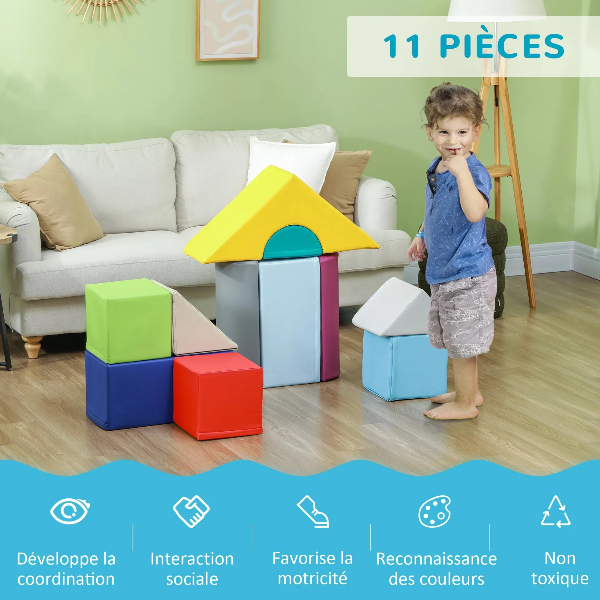 HOMCOM Parcours motricité bébé 11PCS, Module motricité bébé en Mousse EPE, Blocs de Construction, Jouets éducatifs 1-3 Ans Multicolore