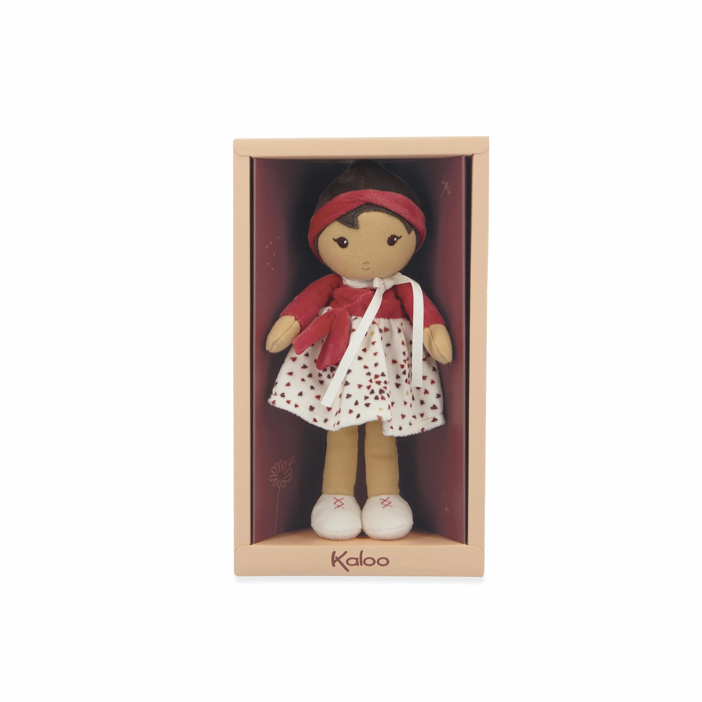 KALOO Tendresse Ma 1ère Poupée en Tissu Emilie 25 cm Jupe Micro Velours Cache-cœur Rouge Boite Cadeau Dès la Naissance