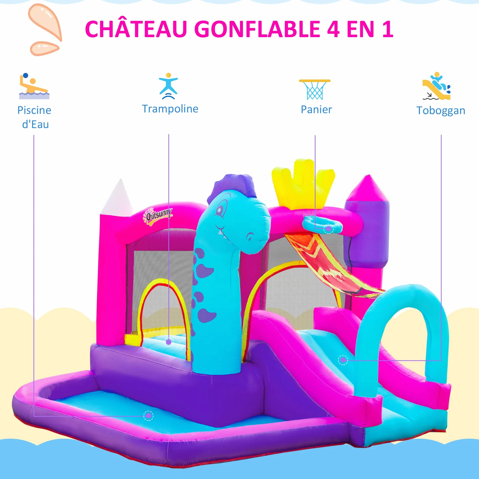 Outsunny Château Gonflable avec Toboggan, Trampoline et Piscine 300x270x200 cm 350W Souffleur Inclus