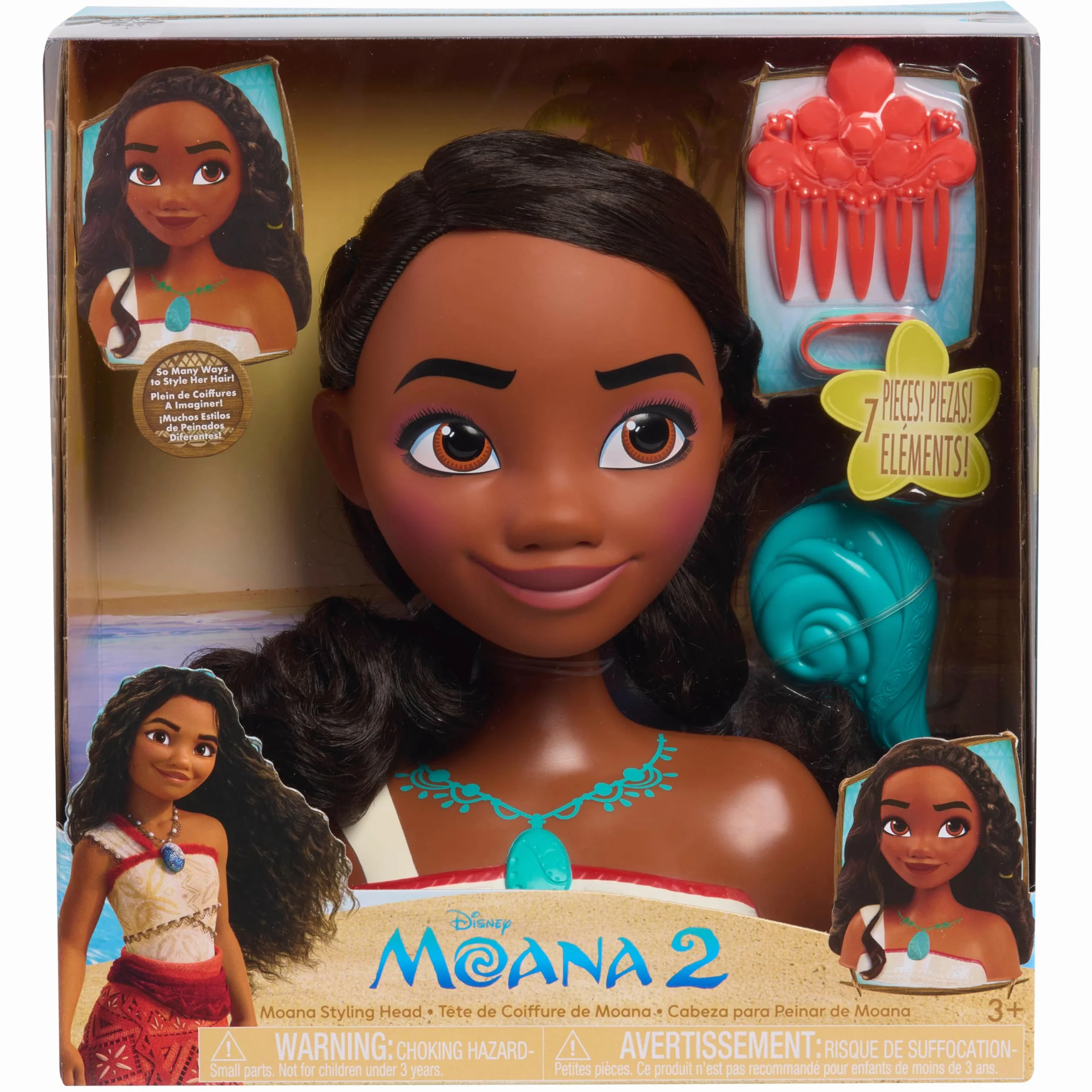 Just Play Tête à coiffer Vaiana 2 Princesses Disney 7 Accessoires Jeux d’Imitation Jouets pour Enfants de 3 Ans et Plus