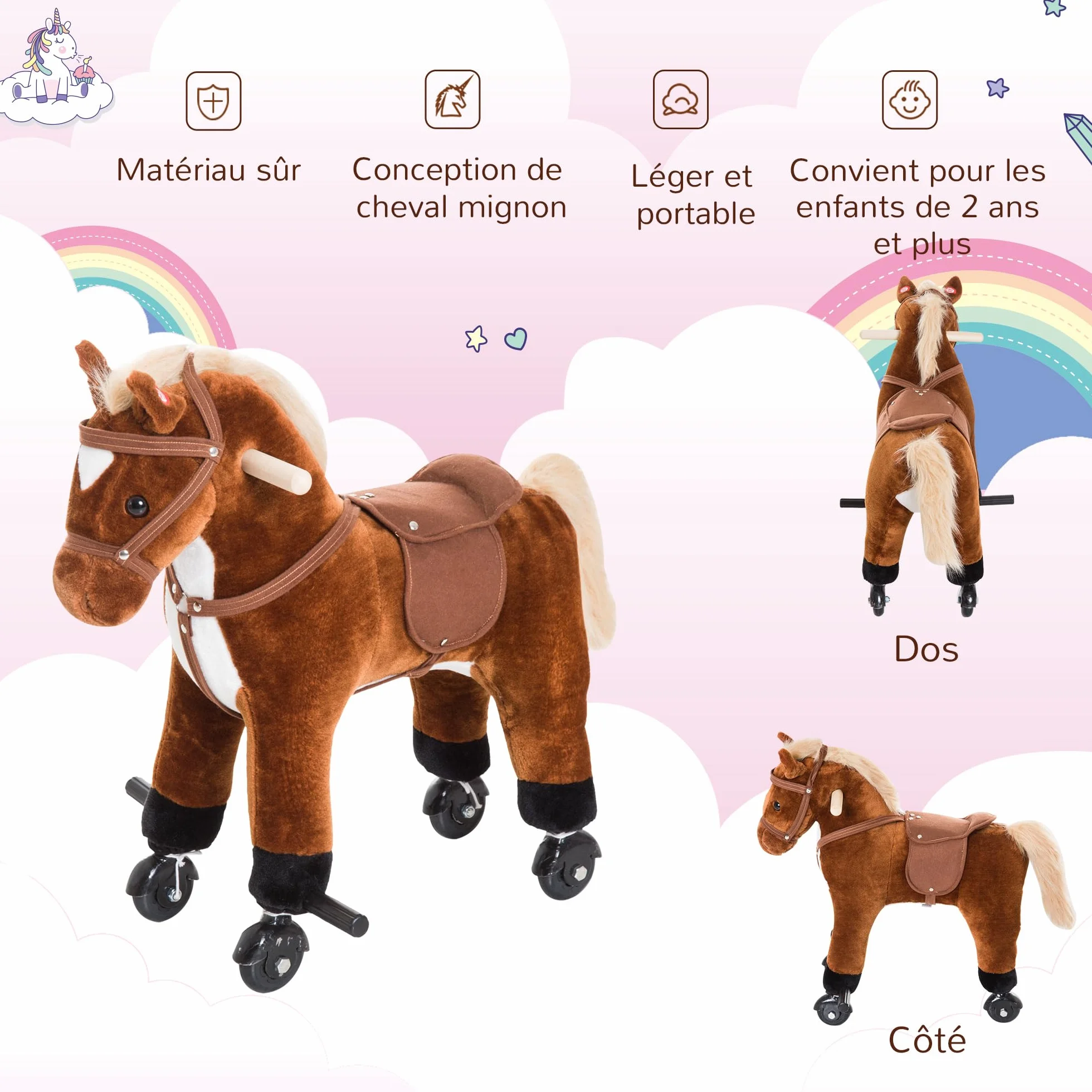 HOMCOM Cheval en Peluche pour Enfant +24 Mois avec Effet Sonore, Repose-Pieds, Guidon, Charge 60 kg, 55x23x60 cm, Marron