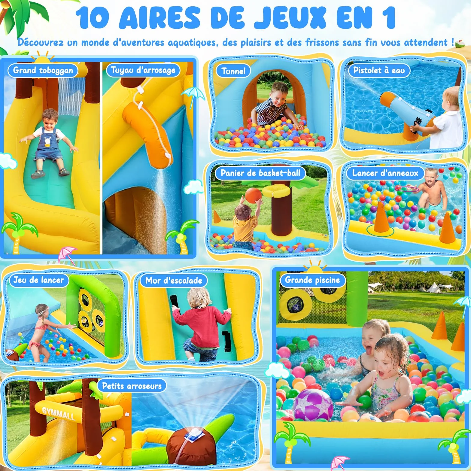Château Gonflable à Eau 450W 10-en-1 Toboggan Aquatique pour Enfants avec Piscine et Glissade
