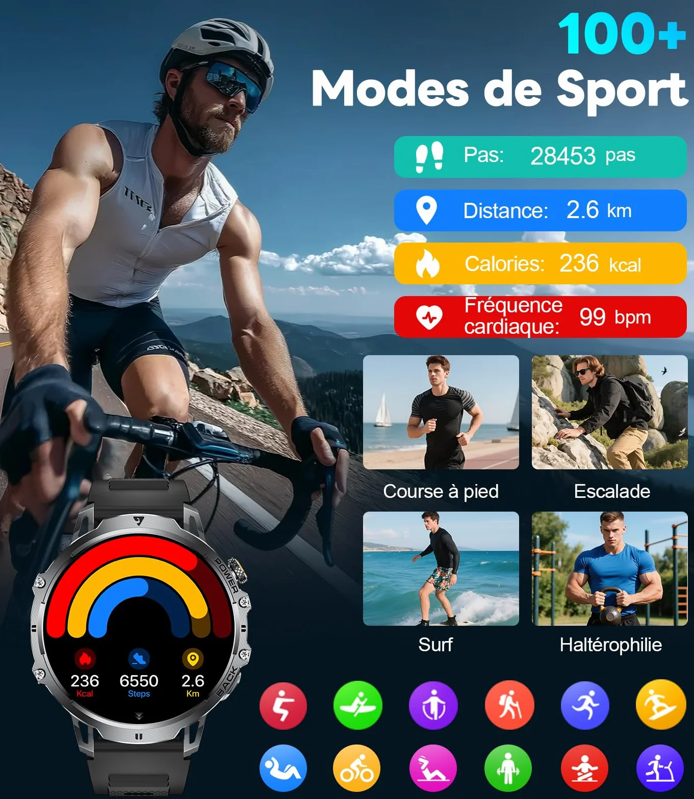 LIGE Montre Connectée Homme 1,85" HD Grand Écran LED Lampe Smartwatch Moniteur Fréquence Cardiaque Sommeil 110+ Modes Sportifs IP68 Étanche Noir