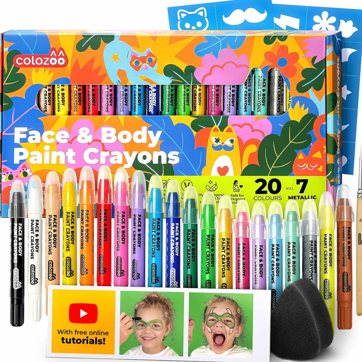 Colozoo Kit de maquillage enfants 20 couleurs crayons visage pinceaux pochoirs face paint