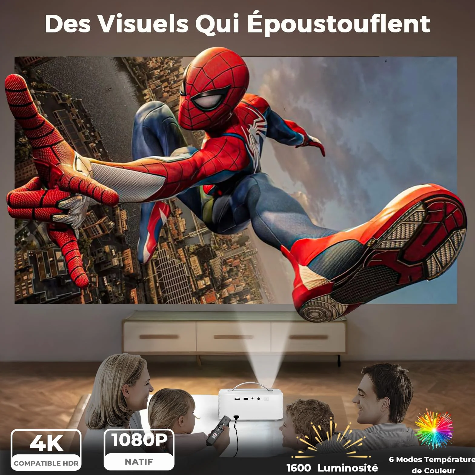 Videoprojecteur 4K 1600 Lumens Auto Focus Keystone Dolby Audio 1080P Natif Projecteur Video HDMI eARC WiFi6 Bluetooth Portable Home Cinéma